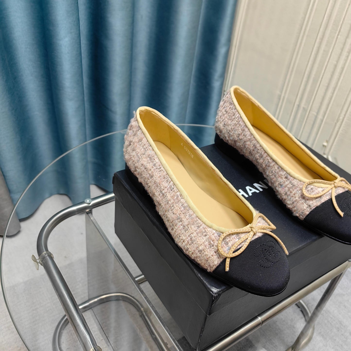 CHANEL 25P Ballet Flat Light Pink Tweed Black Grosgrain