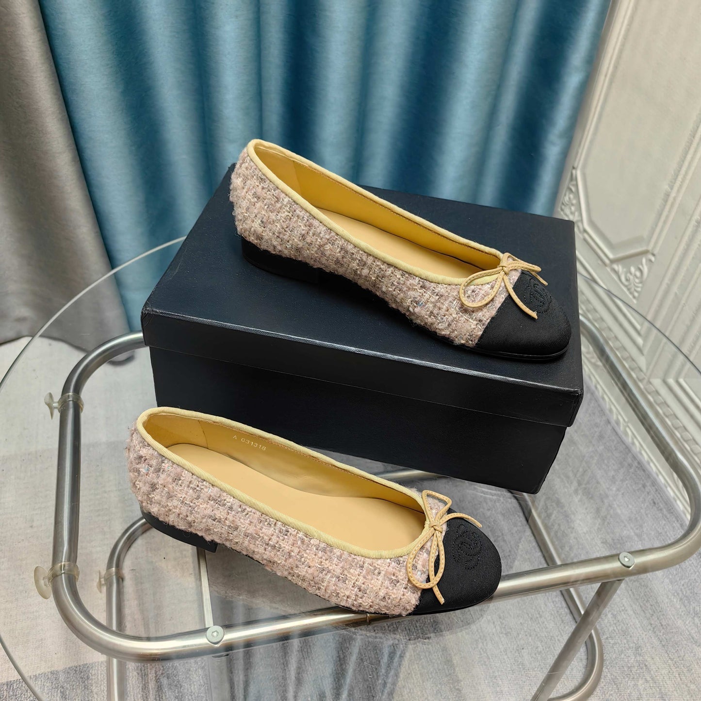 CHANEL 25P Ballet Flat Light Pink Tweed Black Grosgrain