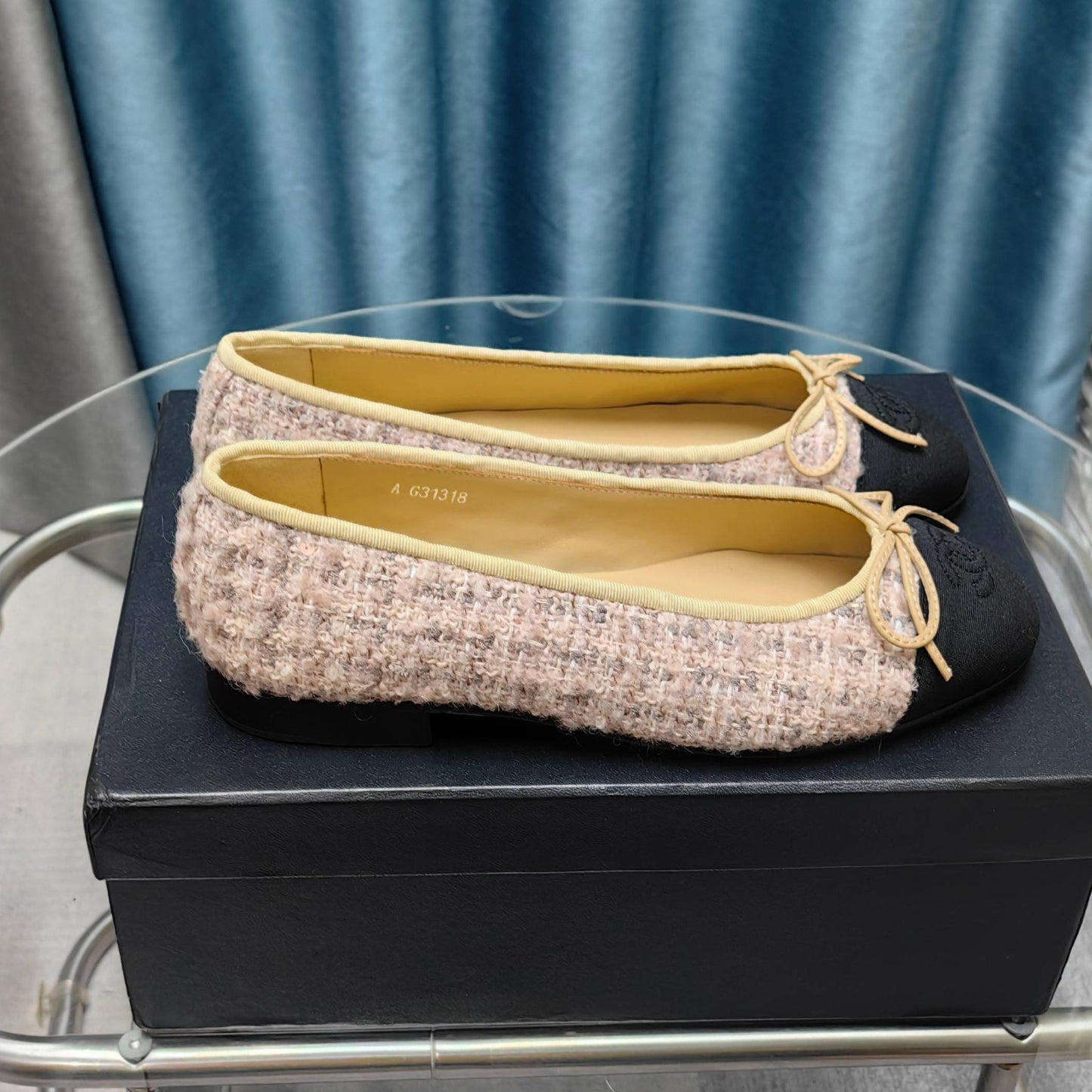 CHANEL 25P Ballet Flat Light Pink Tweed Black Grosgrain