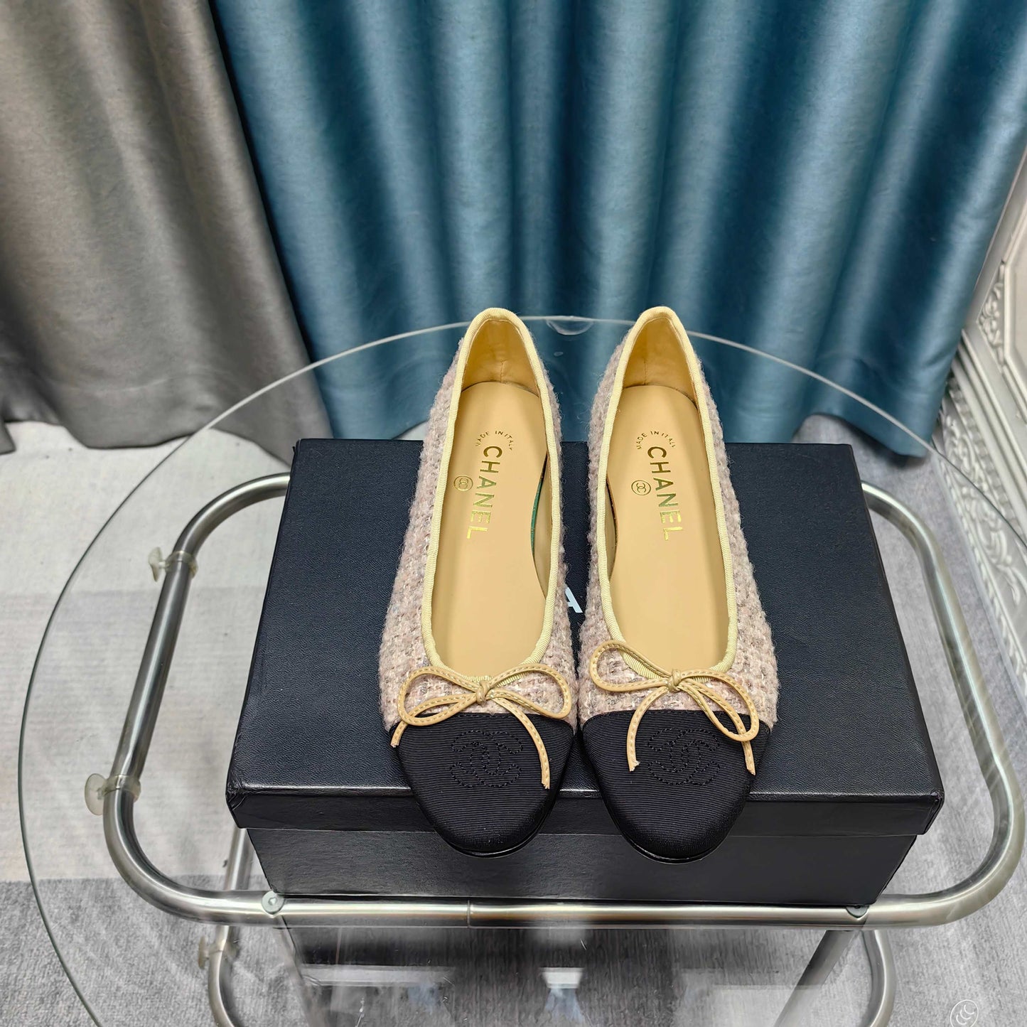 CHANEL 25P Ballet Flat Light Pink Tweed Black Grosgrain
