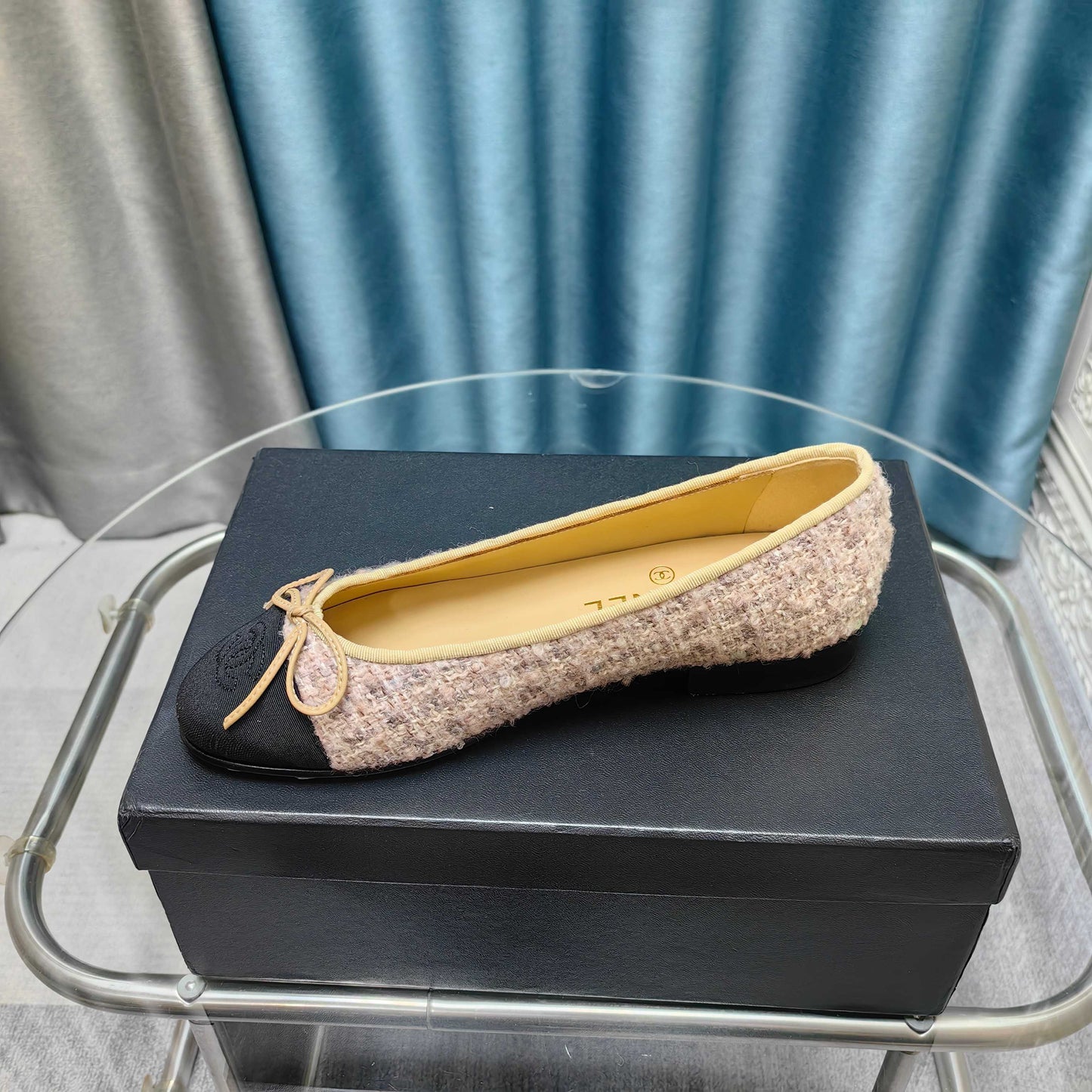 CHANEL 25P Ballet Flat Light Pink Tweed Black Grosgrain