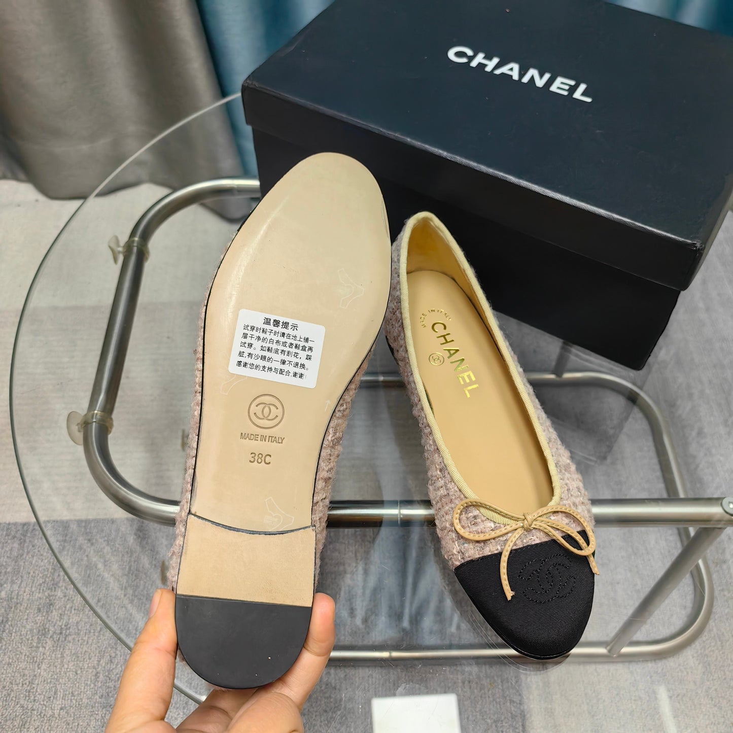 CHANEL 25P Ballet Flat Light Pink Tweed Black Grosgrain
