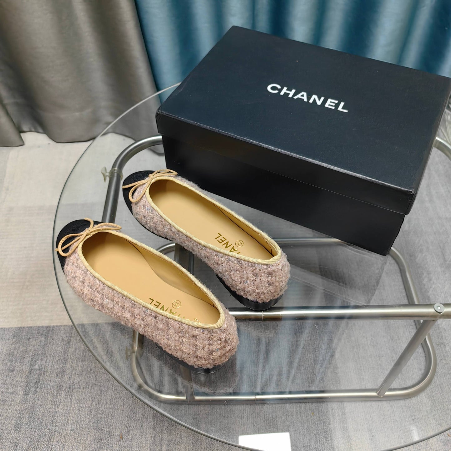 CHANEL 25P Ballet Flat Light Pink Tweed Black Grosgrain