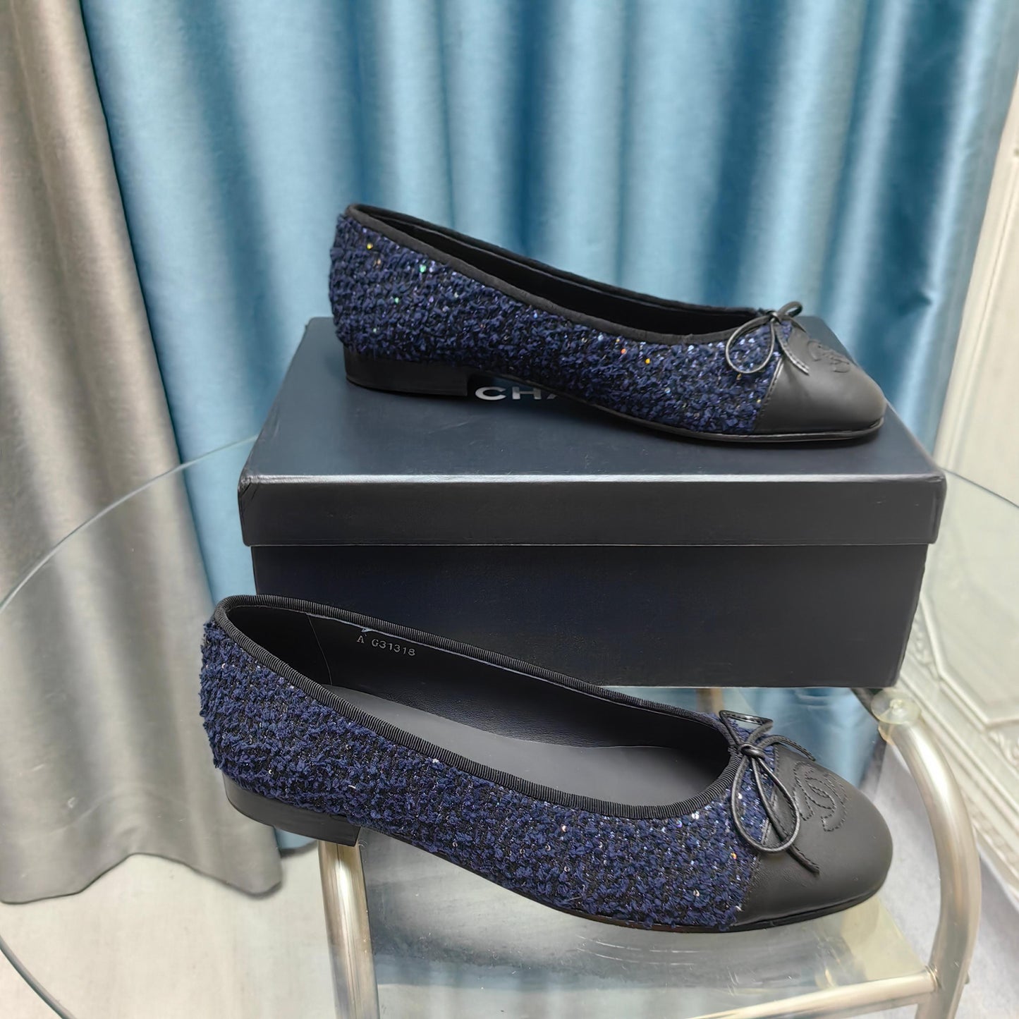 CHANEL 25P Ballet Flat Dark Blue Tweed Black Calfskin