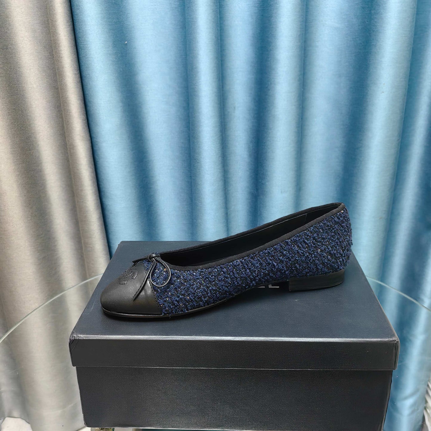 CHANEL 25P Ballet Flat Dark Blue Tweed Black Calfskin