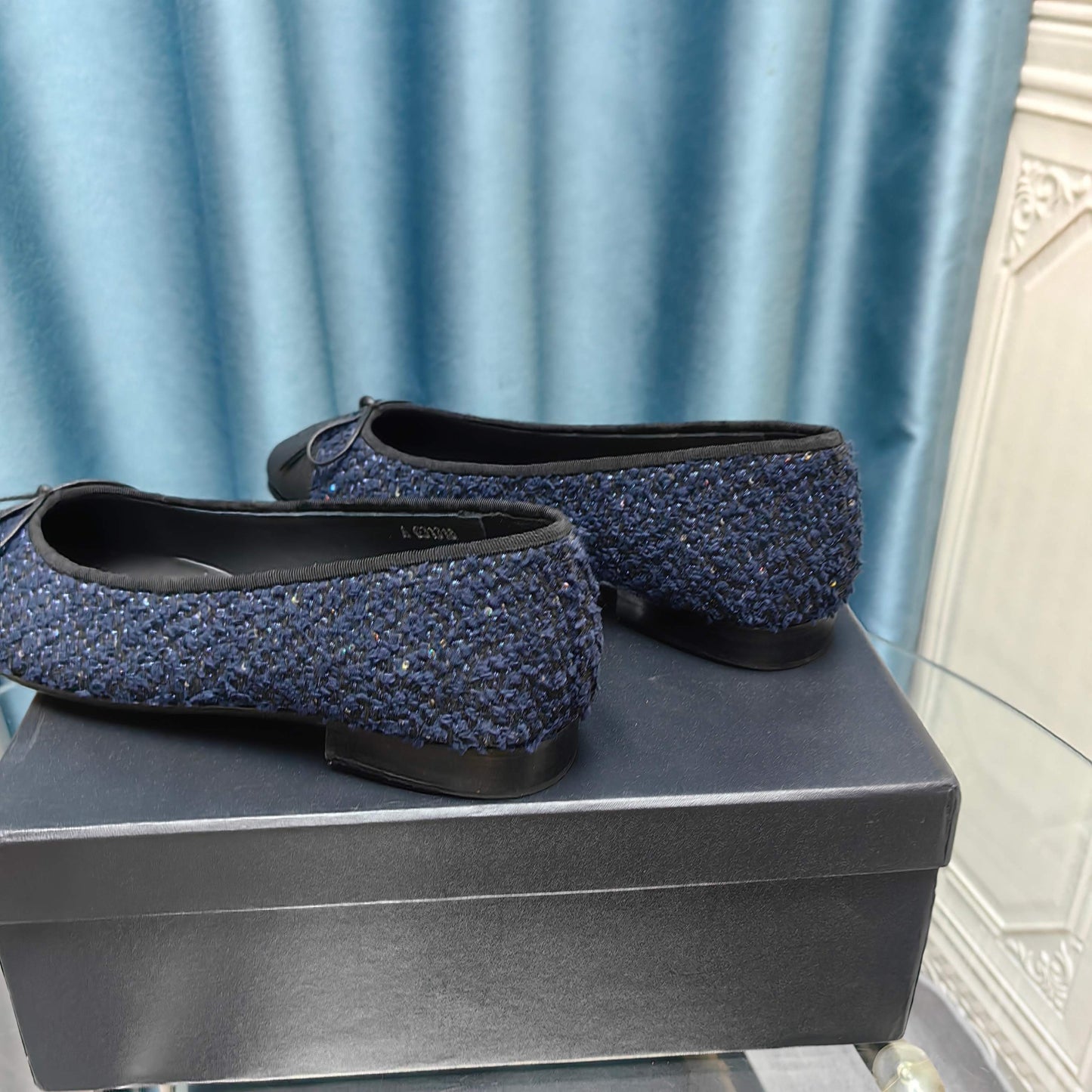 CHANEL 25P Ballet Flat Dark Blue Tweed Black Calfskin