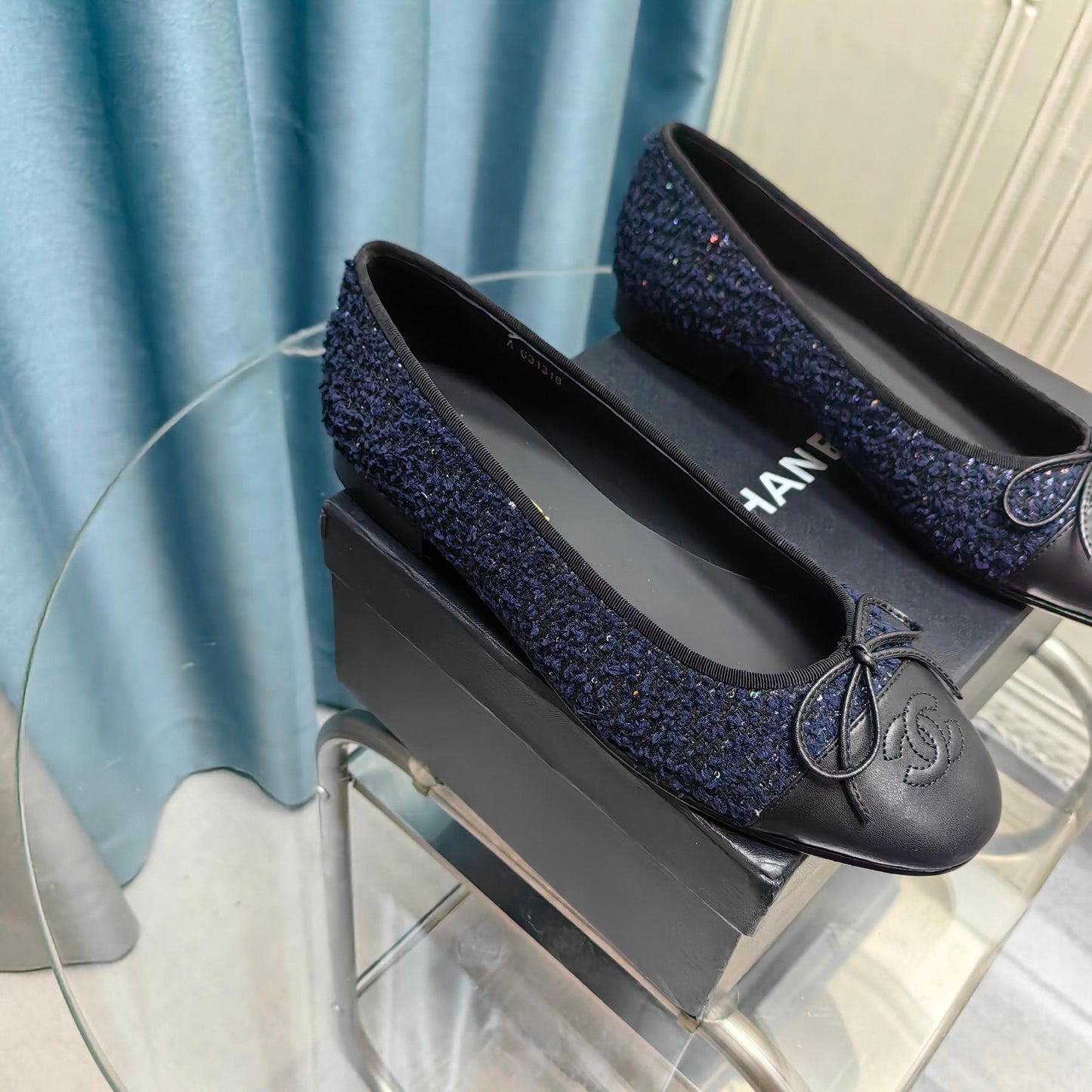 CHANEL 25P Ballet Flat Dark Blue Tweed Black Calfskin