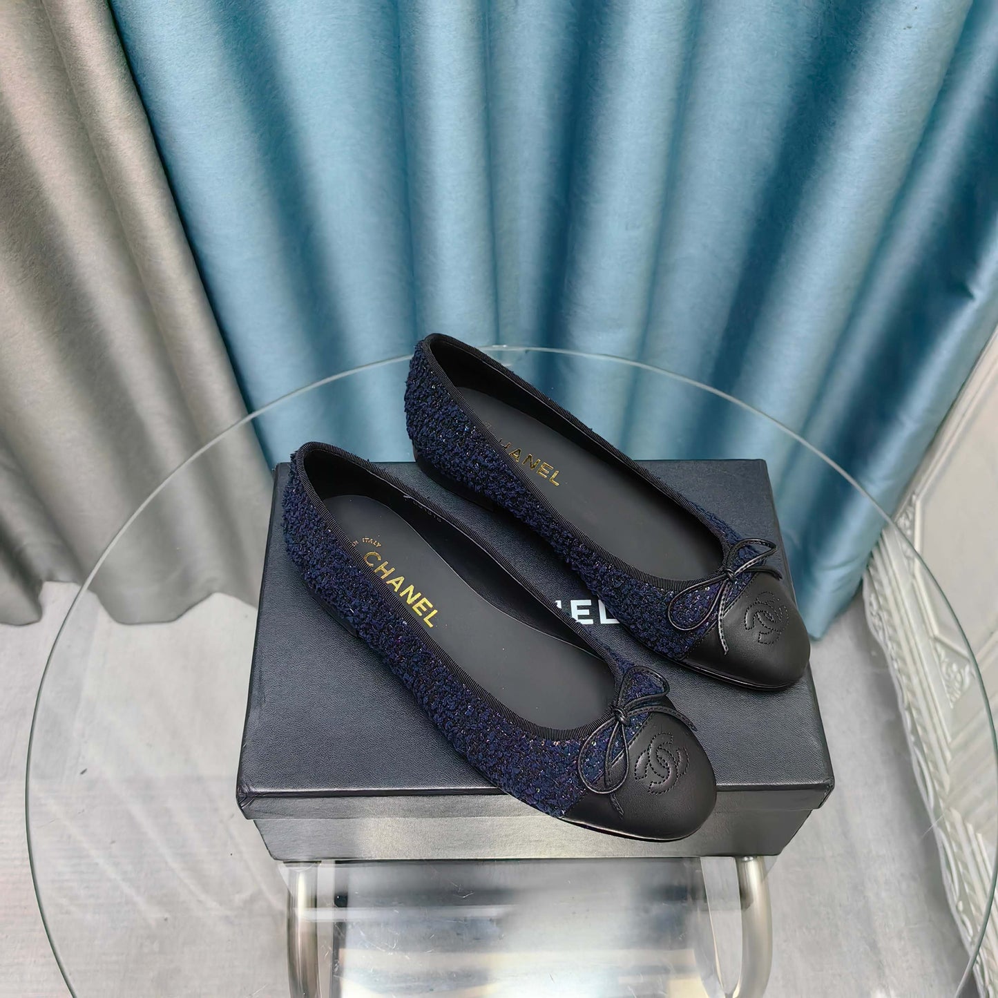 CHANEL 25P Ballet Flat Dark Blue Tweed Black Calfskin