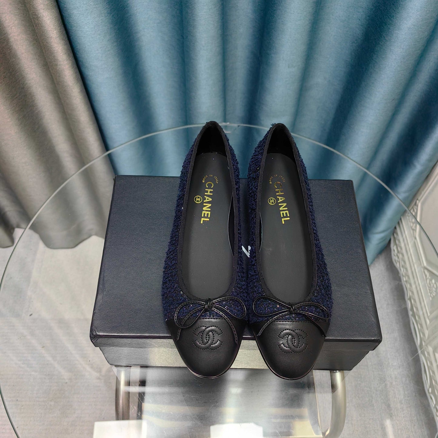 CHANEL 25P Ballet Flat Dark Blue Tweed Black Calfskin