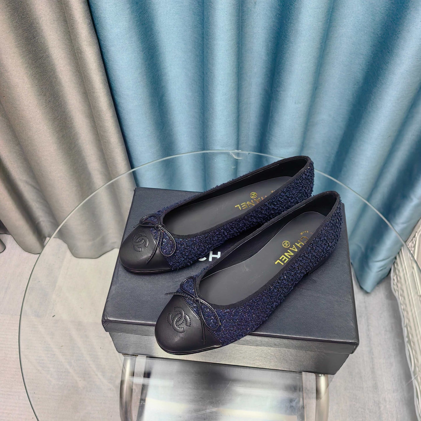 CHANEL 25P Ballet Flat Dark Blue Tweed Black Calfskin