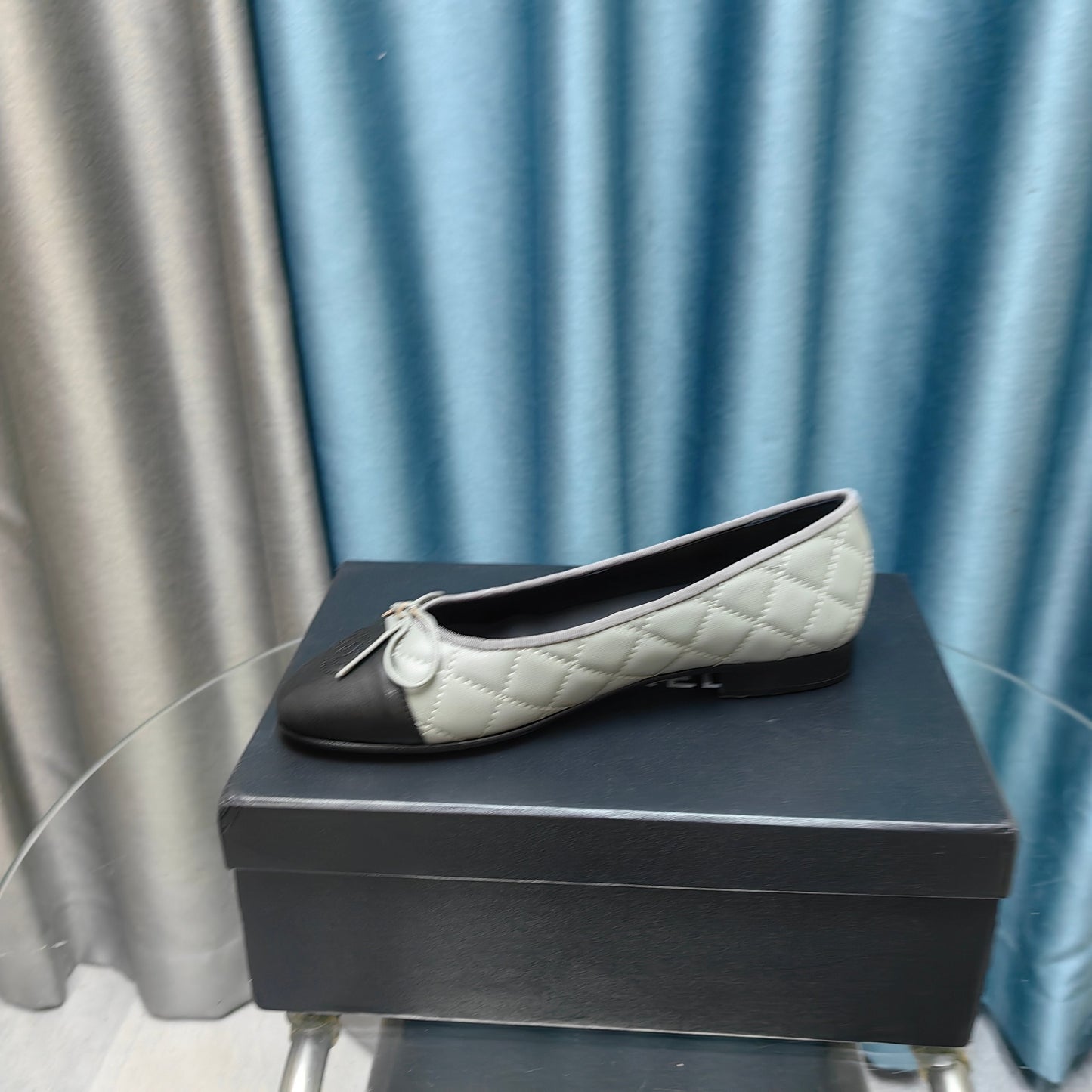 CHANEL 25P Ballet Flat Grey Black Calfskin