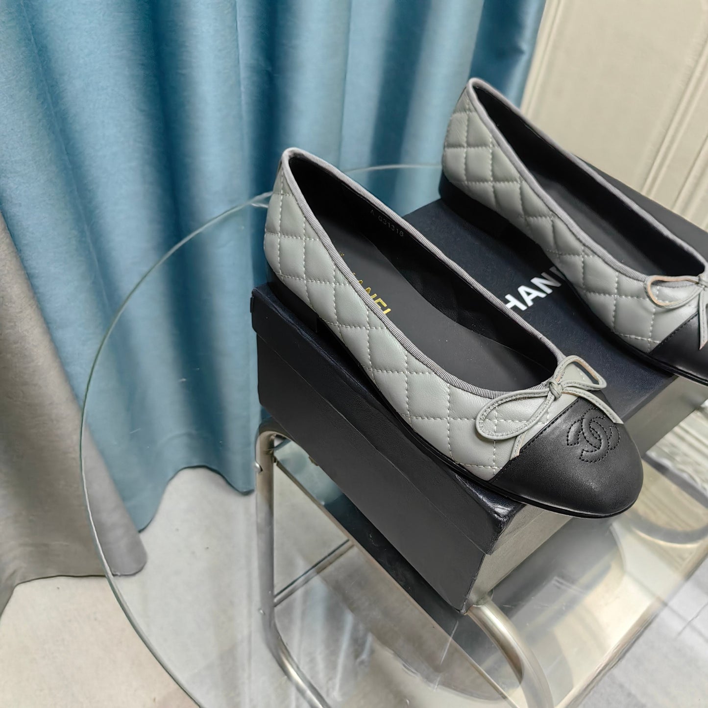 CHANEL 25P Ballet Flat Grey Black Calfskin