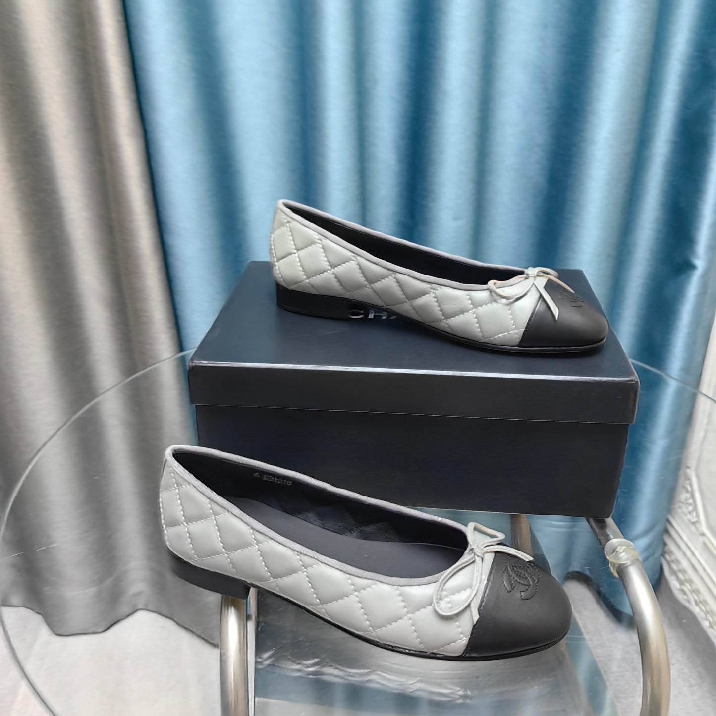 CHANEL 25P Ballet Flat Grey Black Calfskin