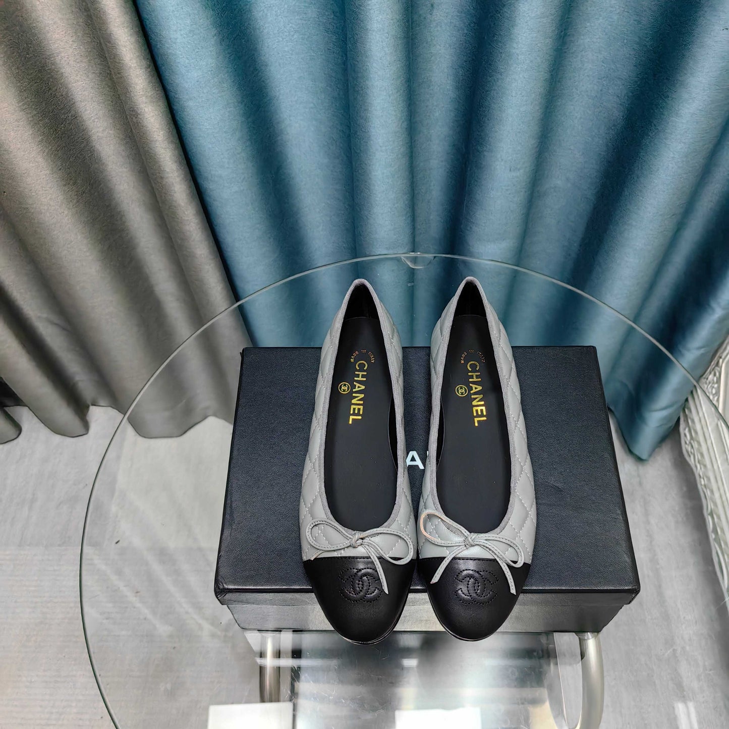 CHANEL 25P Ballet Flat Grey Black Calfskin