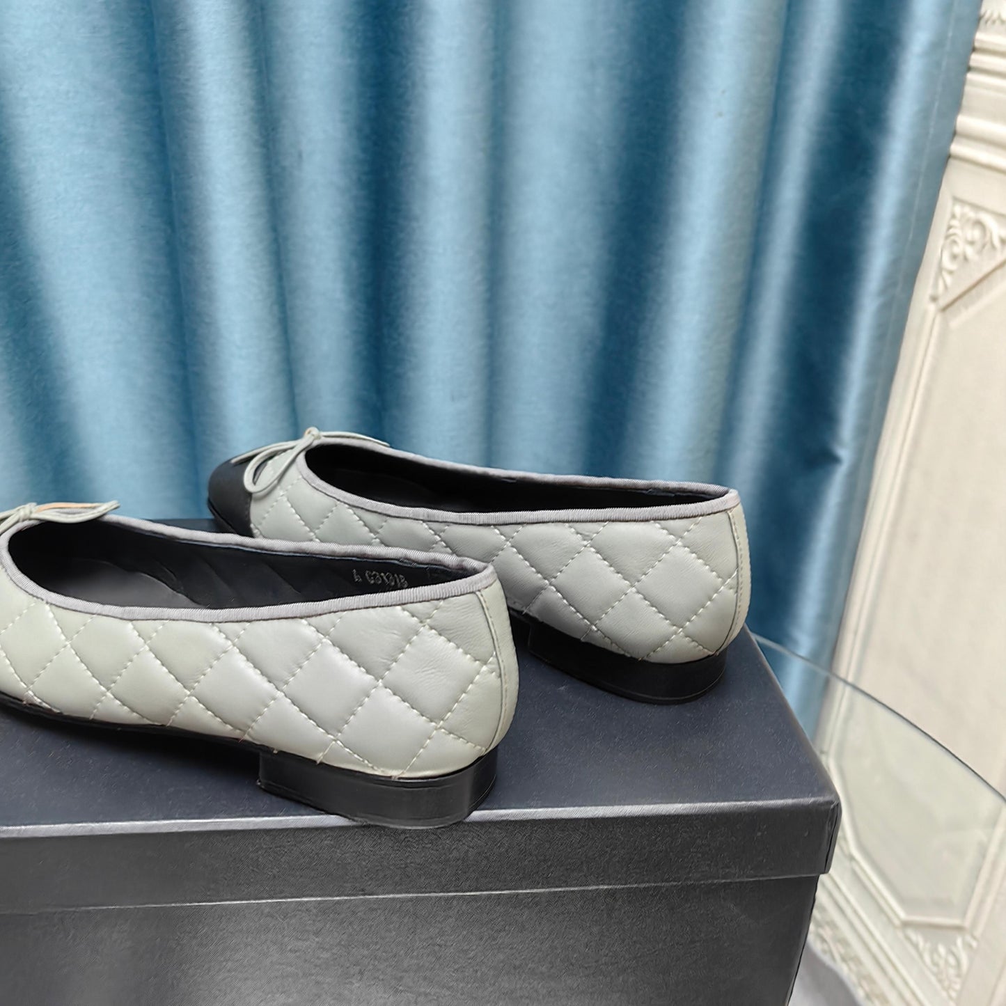 CHANEL 25P Ballet Flat Grey Black Calfskin