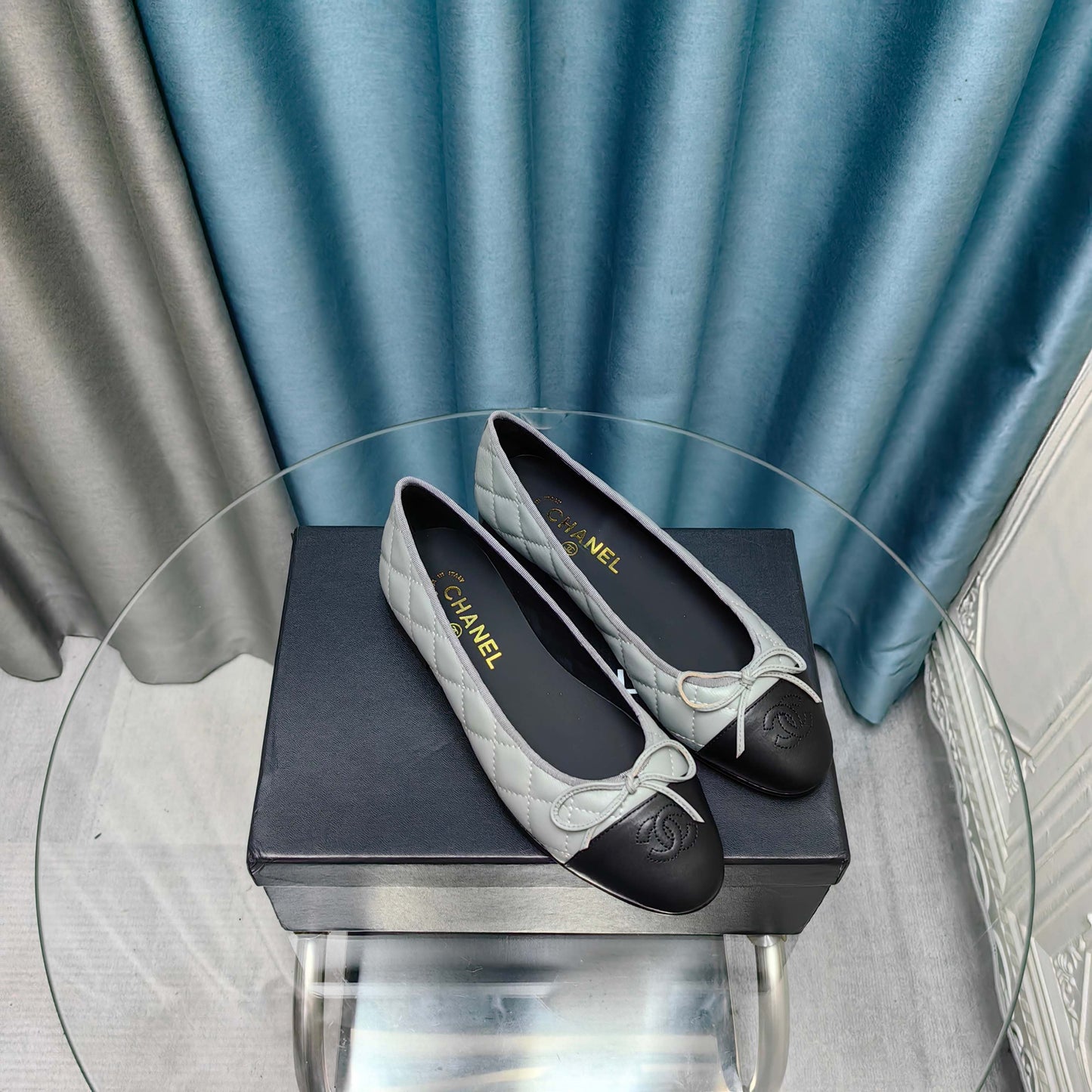 CHANEL 25P Ballet Flat Grey Black Calfskin