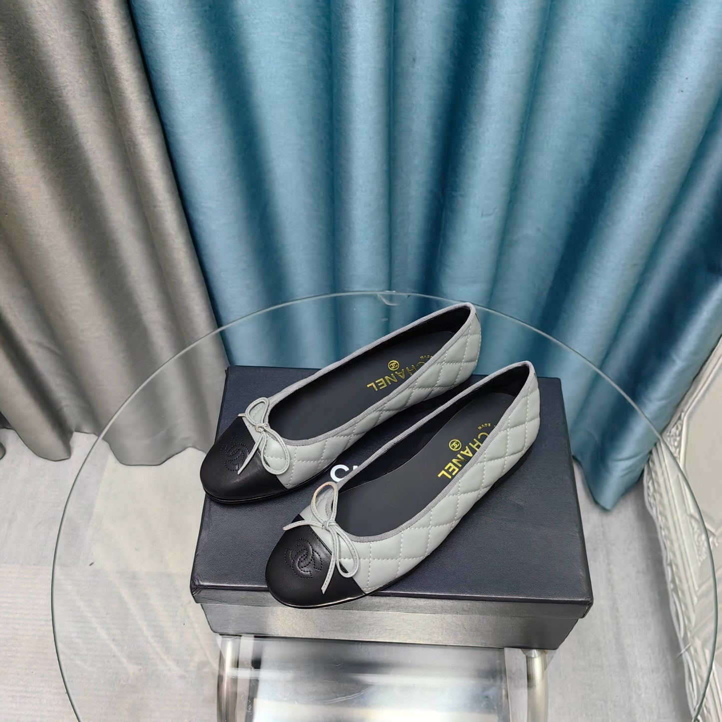 CHANEL 25P Ballet Flat Grey Black Calfskin