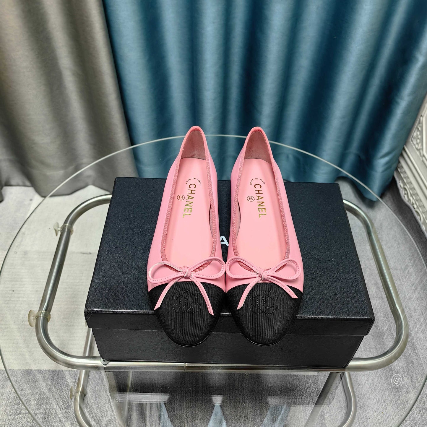CHANEL 25P Ballet Flat Pink Calfskin Black Grosgrain