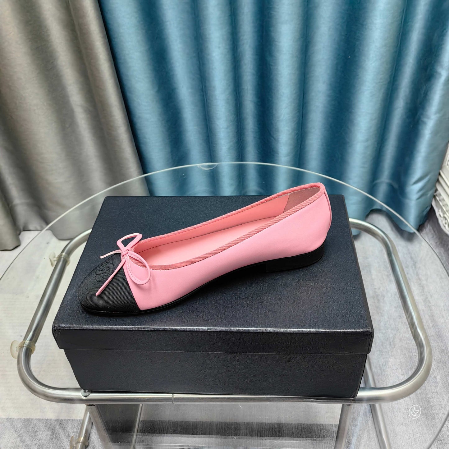 CHANEL 25P Ballet Flat Pink Calfskin Black Grosgrain