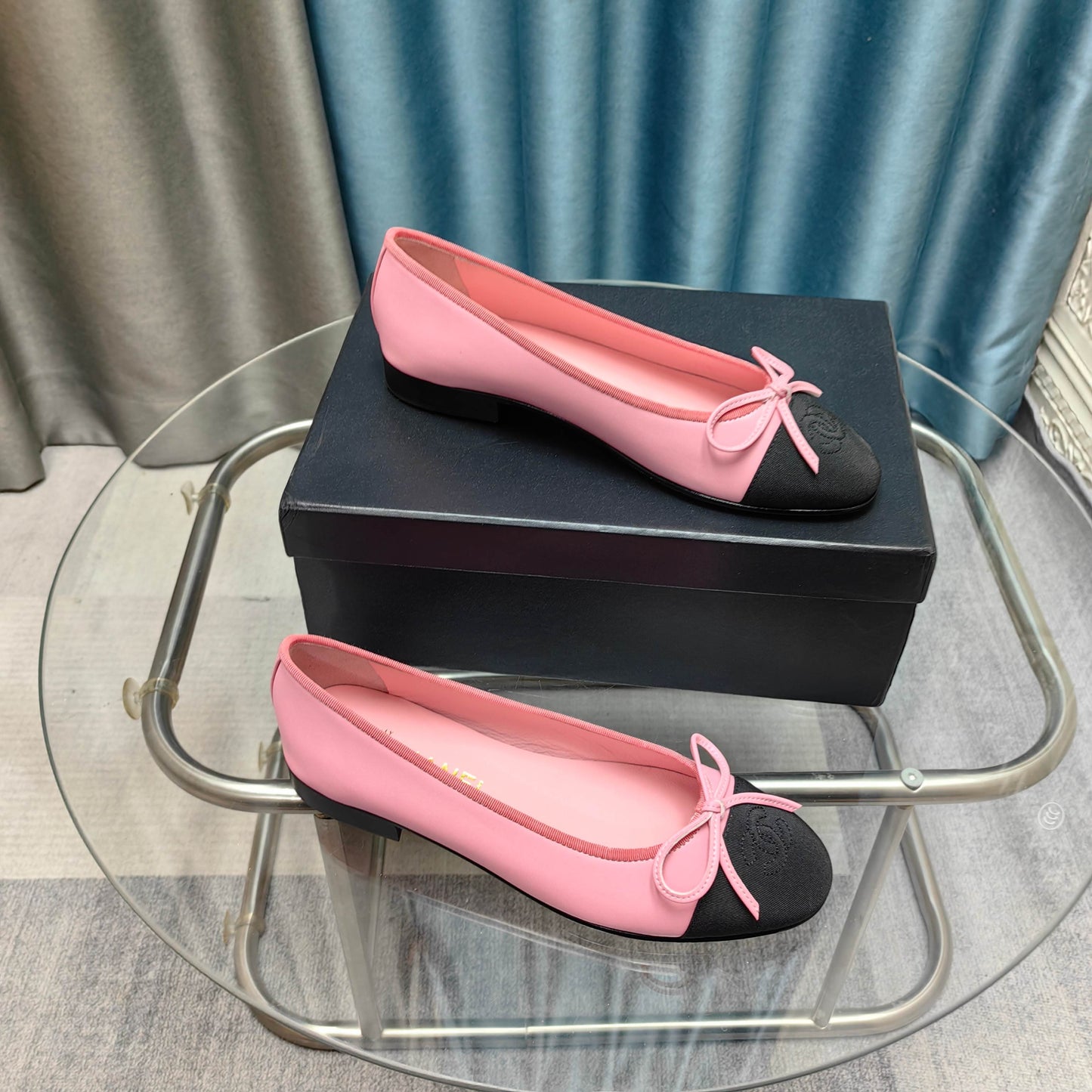 CHANEL 25P Ballet Flat Pink Calfskin Black Grosgrain