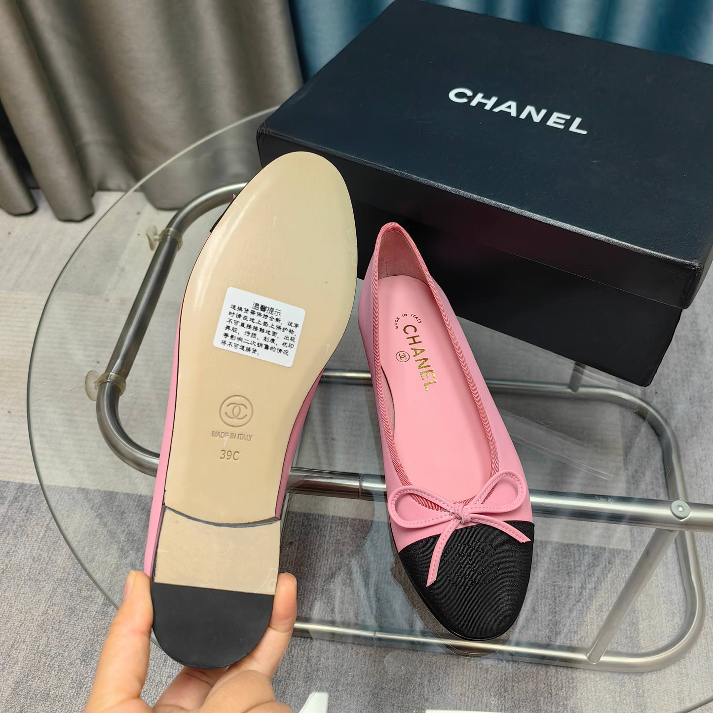 CHANEL 25P Ballet Flat Pink Calfskin Black Grosgrain
