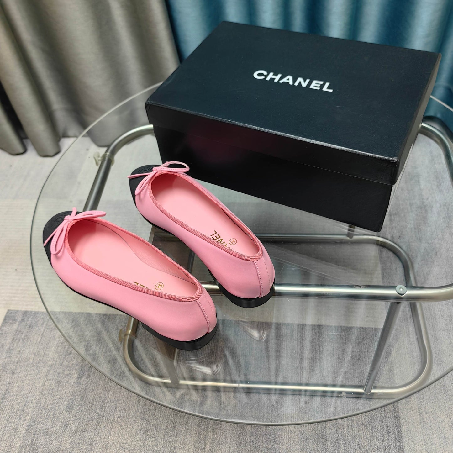 CHANEL 25P Ballet Flat Pink Calfskin Black Grosgrain