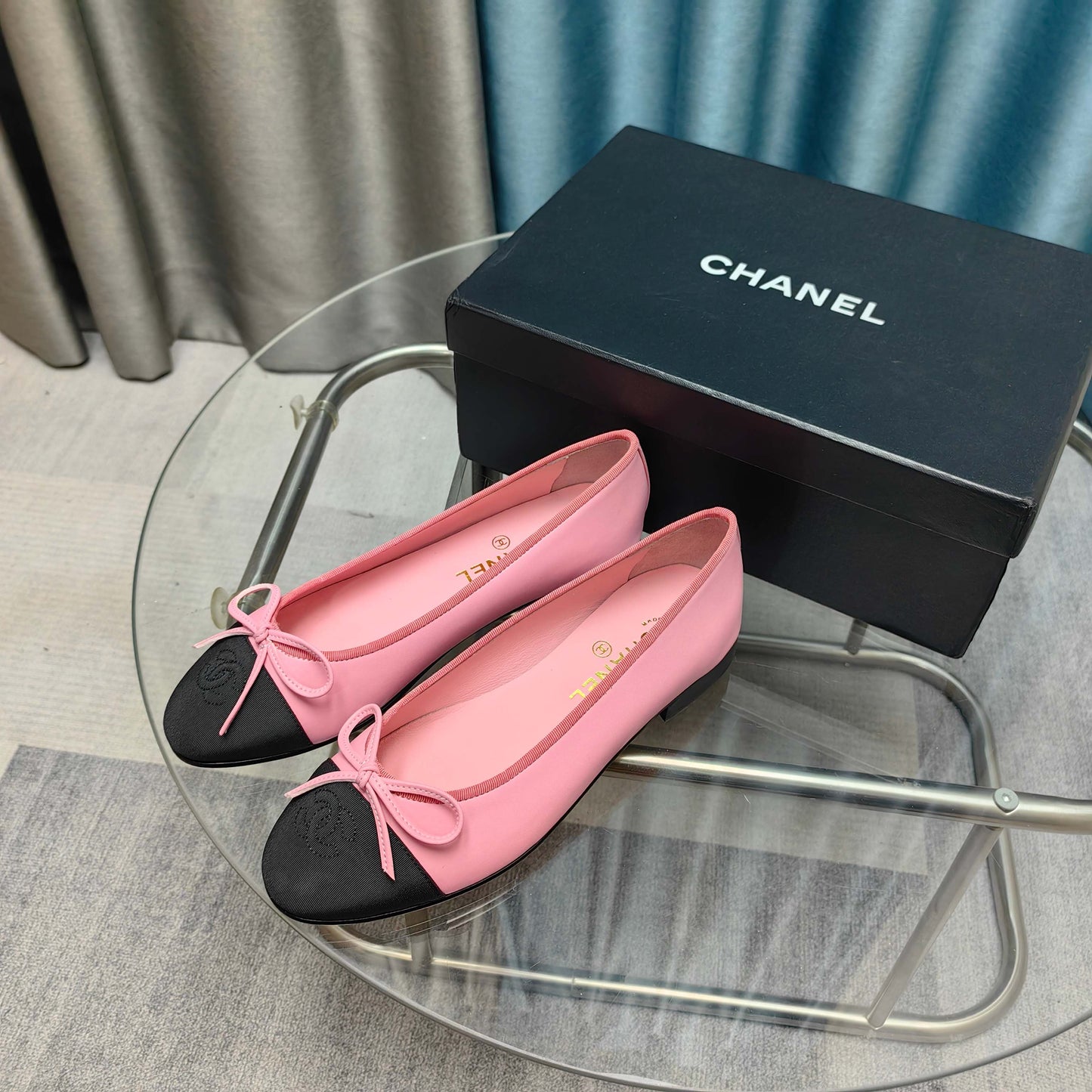 CHANEL 25P Ballet Flat Pink Calfskin Black Grosgrain