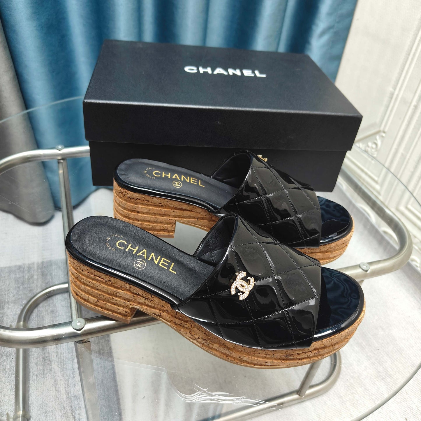 CHANEL 25 Platform Sandal 10cm Patent Calfskin