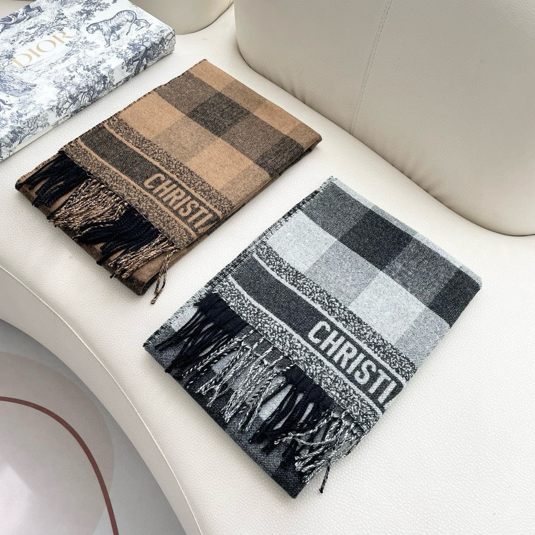 DIOR CHECK SCARF 180 CM IN BLACK MIX WHITE CASHMERE AND WOOL 415299
