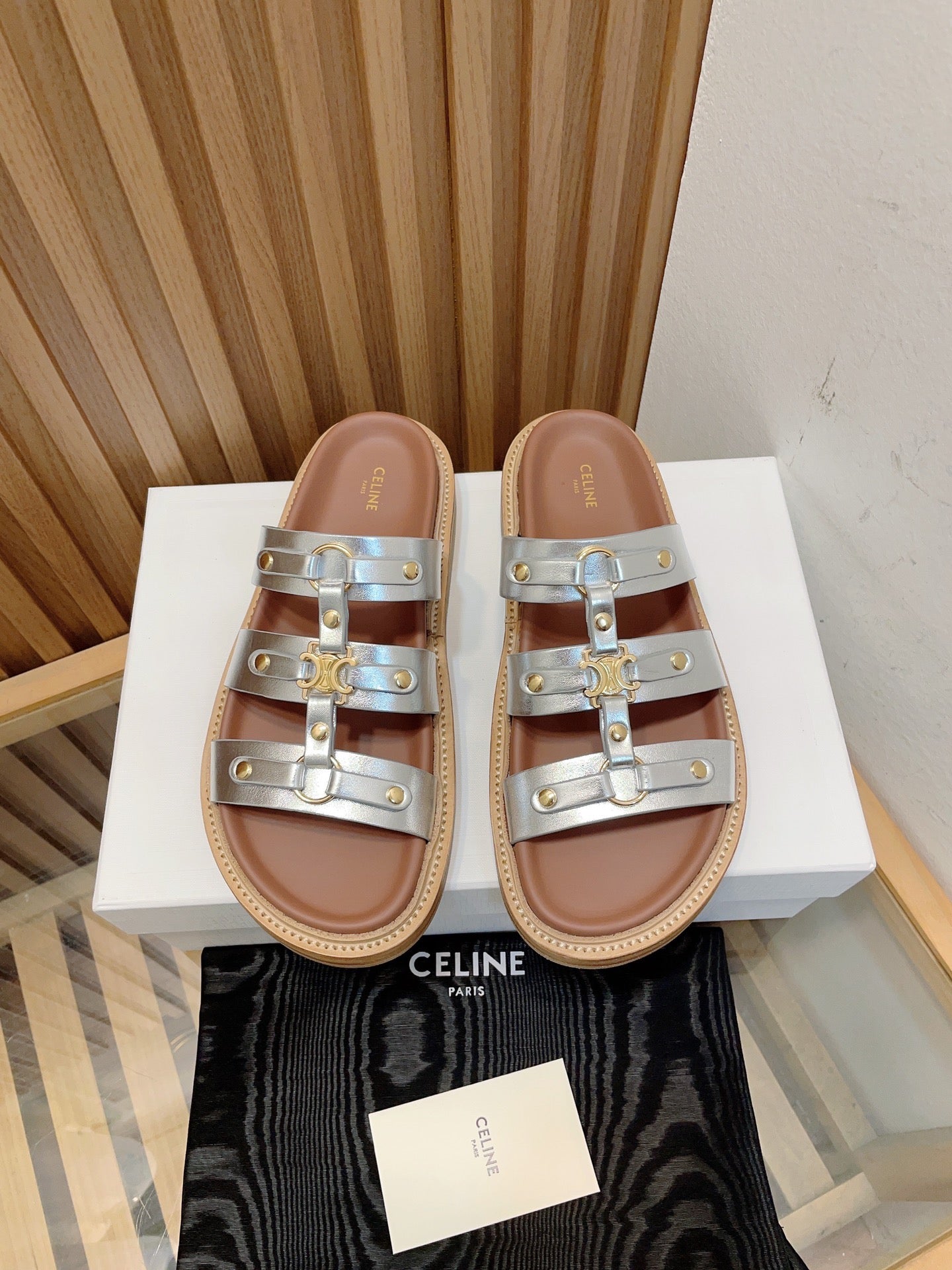 Celine tippi slide sandal silver metalic calfskin