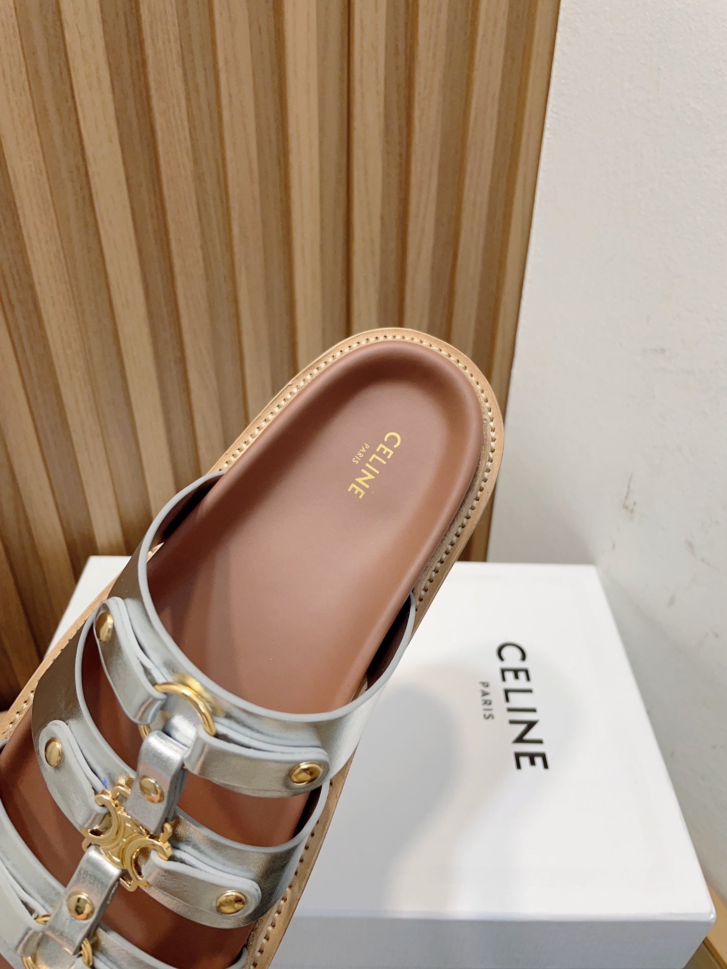 Celine tippi slide sandal silver metalic calfskin