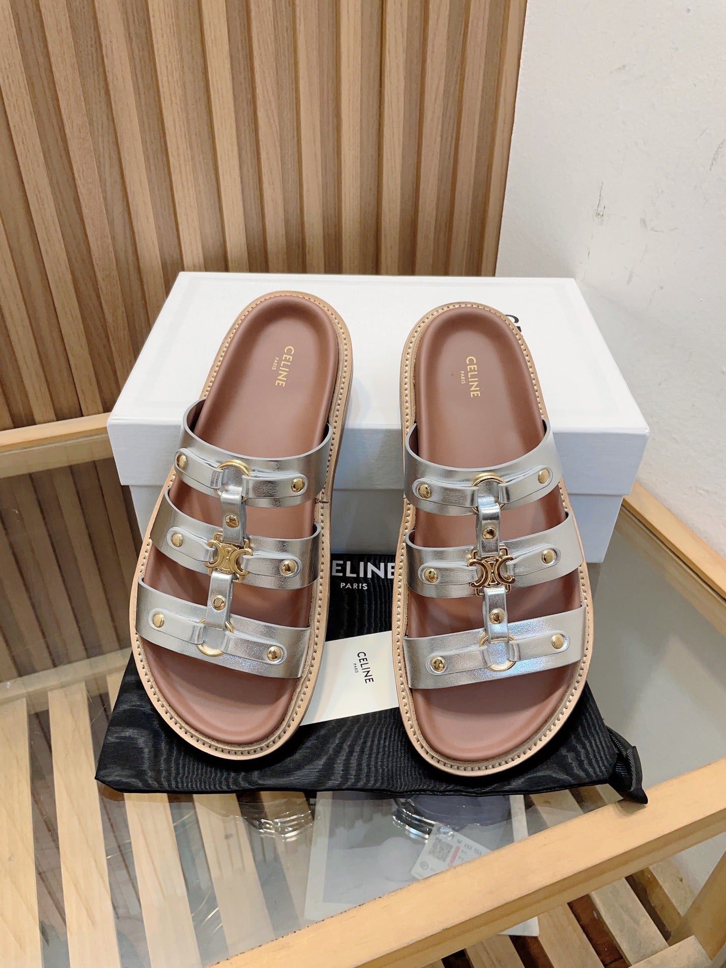 Celine tippi slide sandal silver metalic calfskin