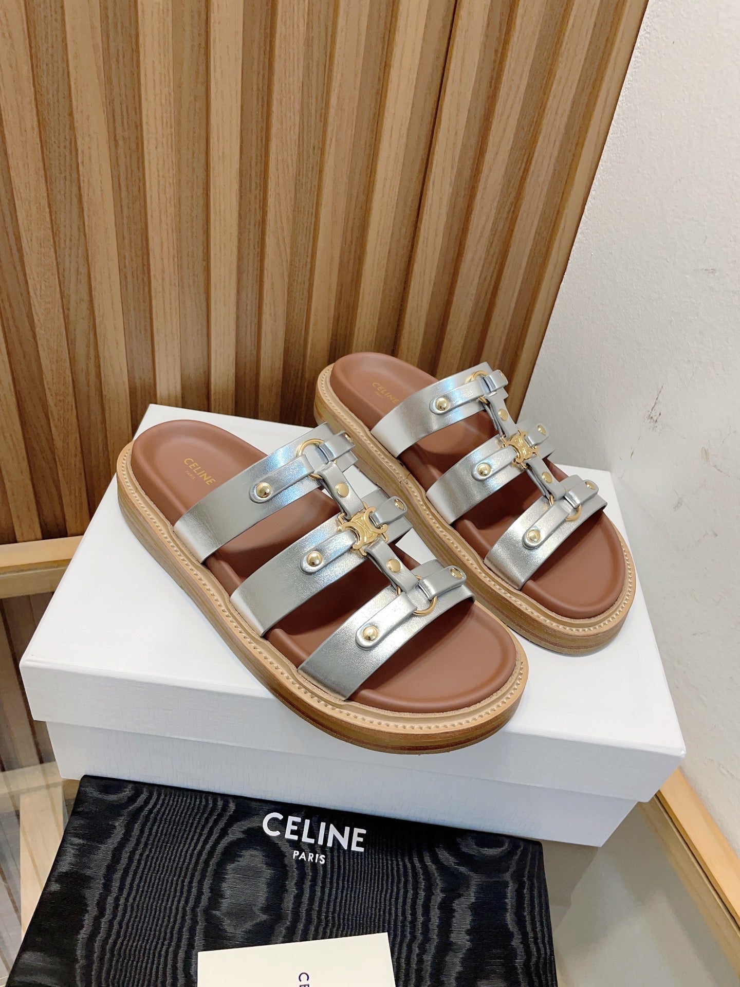 Celine tippi slide sandal silver metalic calfskin