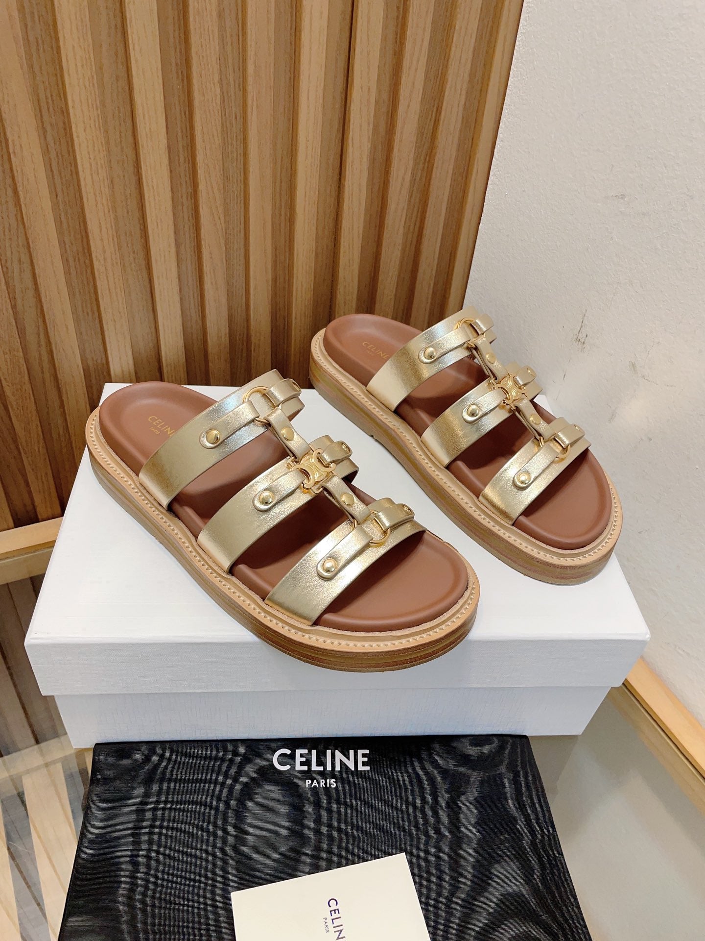 Celine tippi slide sandal gold metalic calfskin