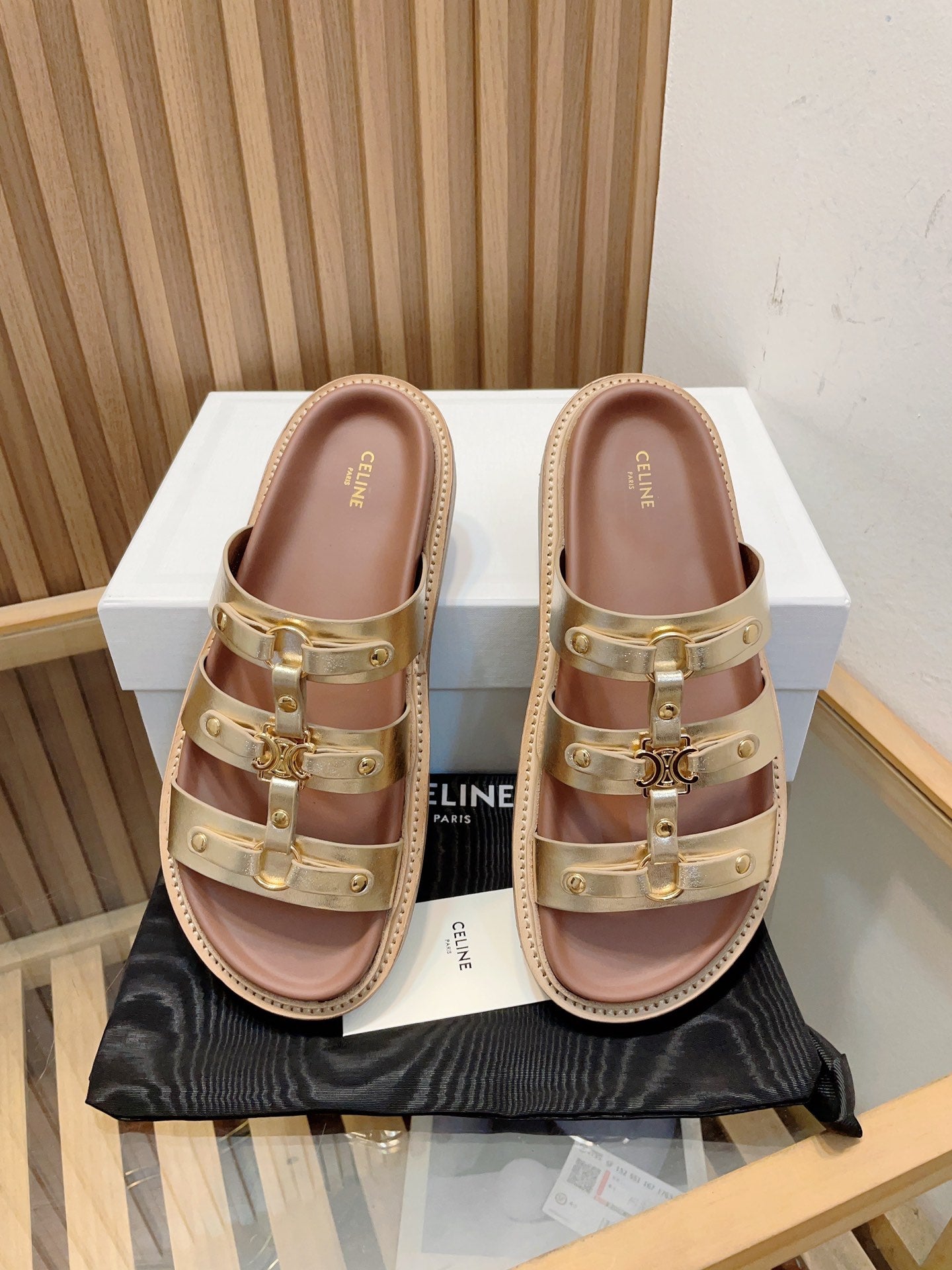 Celine tippi slide sandal gold metalic calfskin
