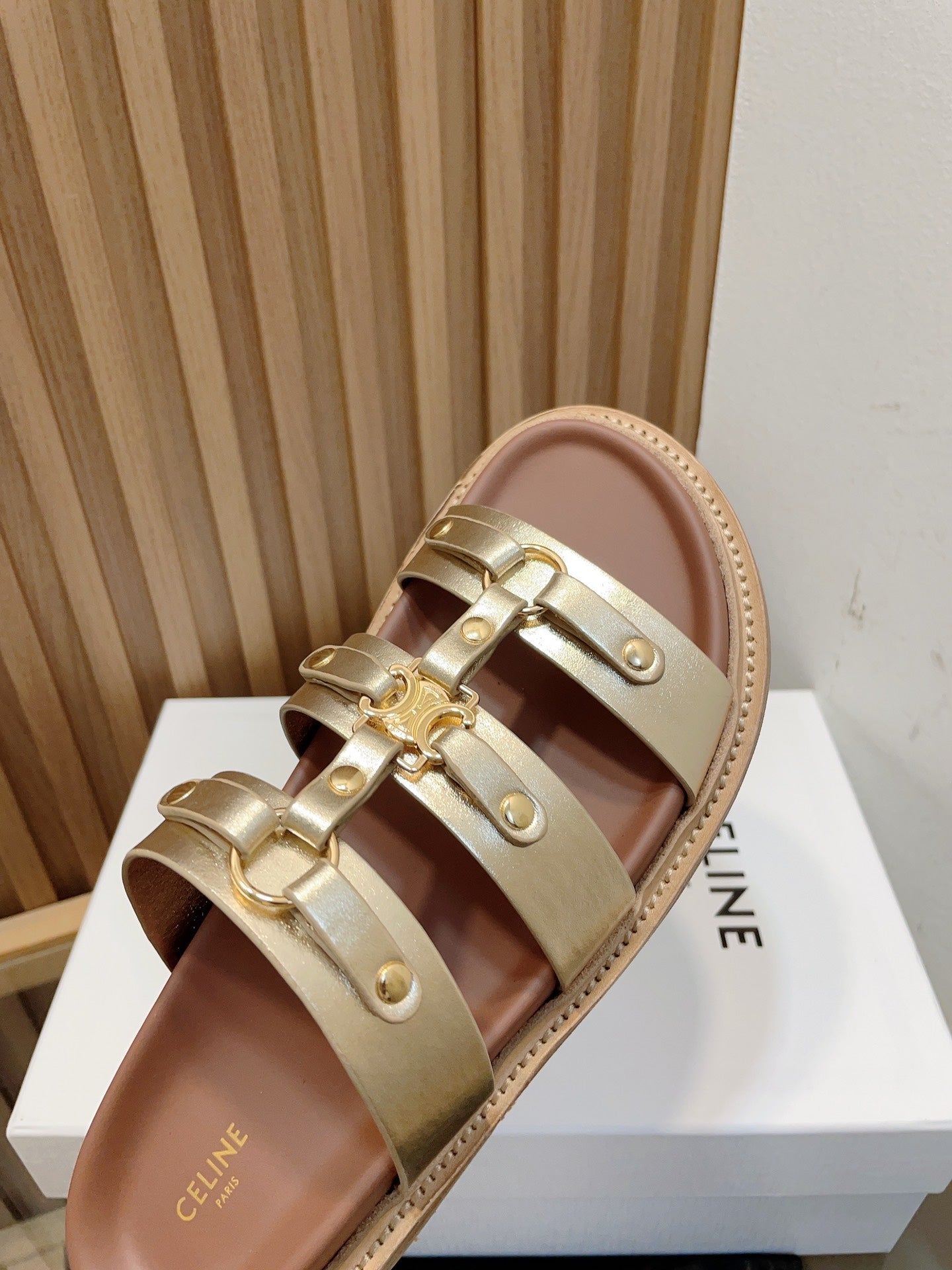 Celine tippi slide sandal gold metalic calfskin