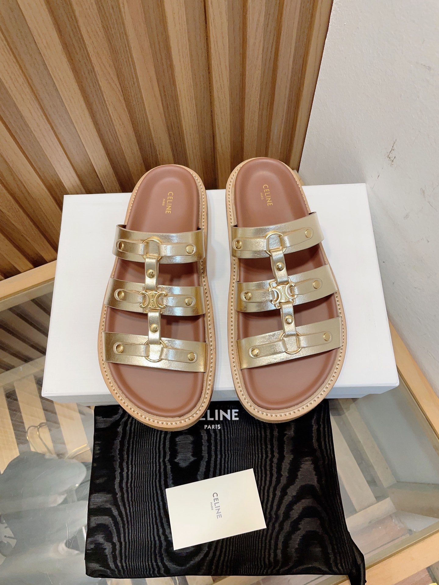 Celine tippi slide sandal gold metalic calfskin