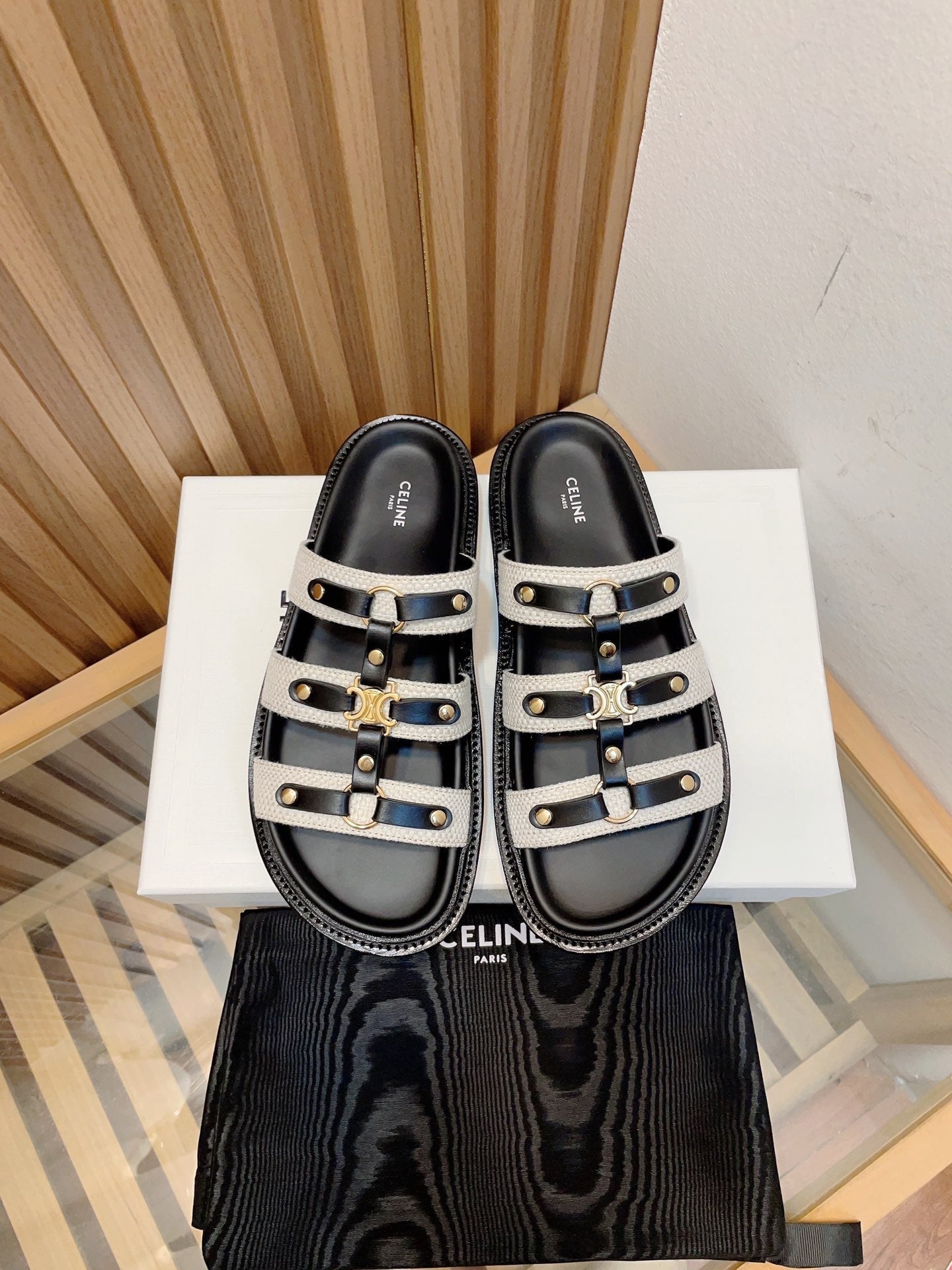 Celine tippi slide sandal white black canvas calfskin