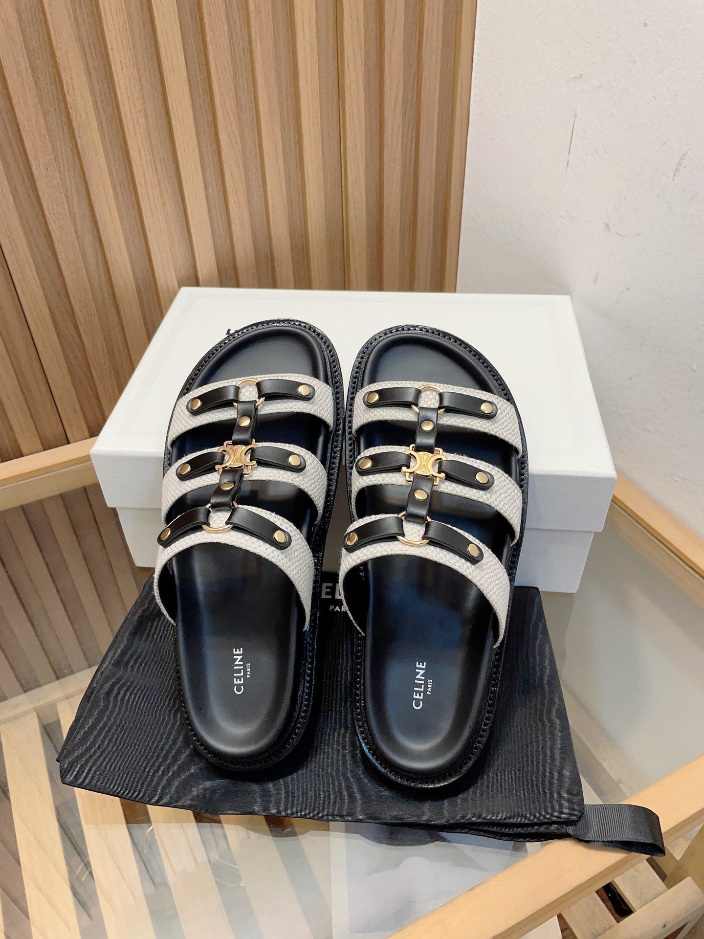 Celine tippi slide sandal white black canvas calfskin