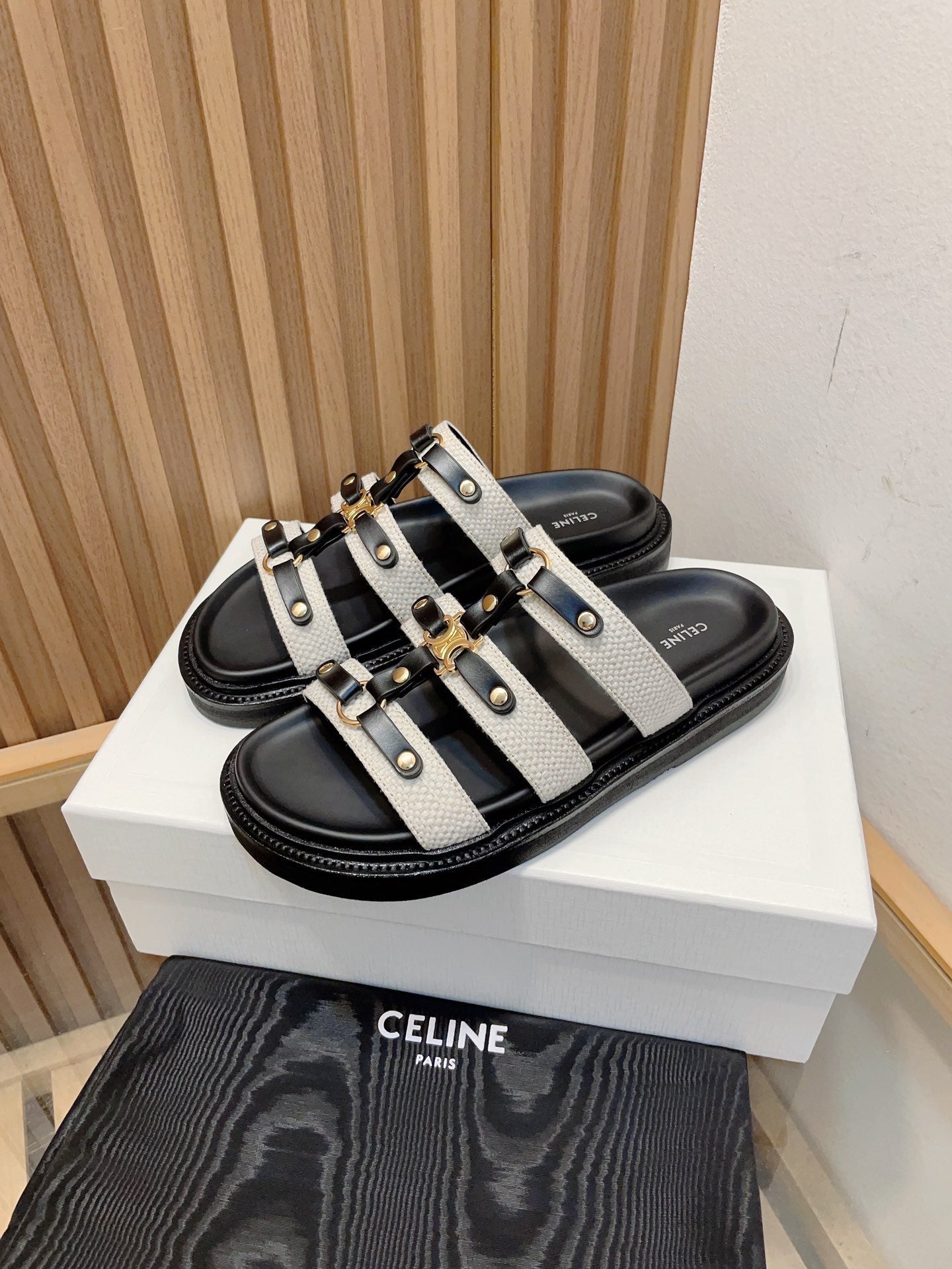 Celine tippi slide sandal white black canvas calfskin