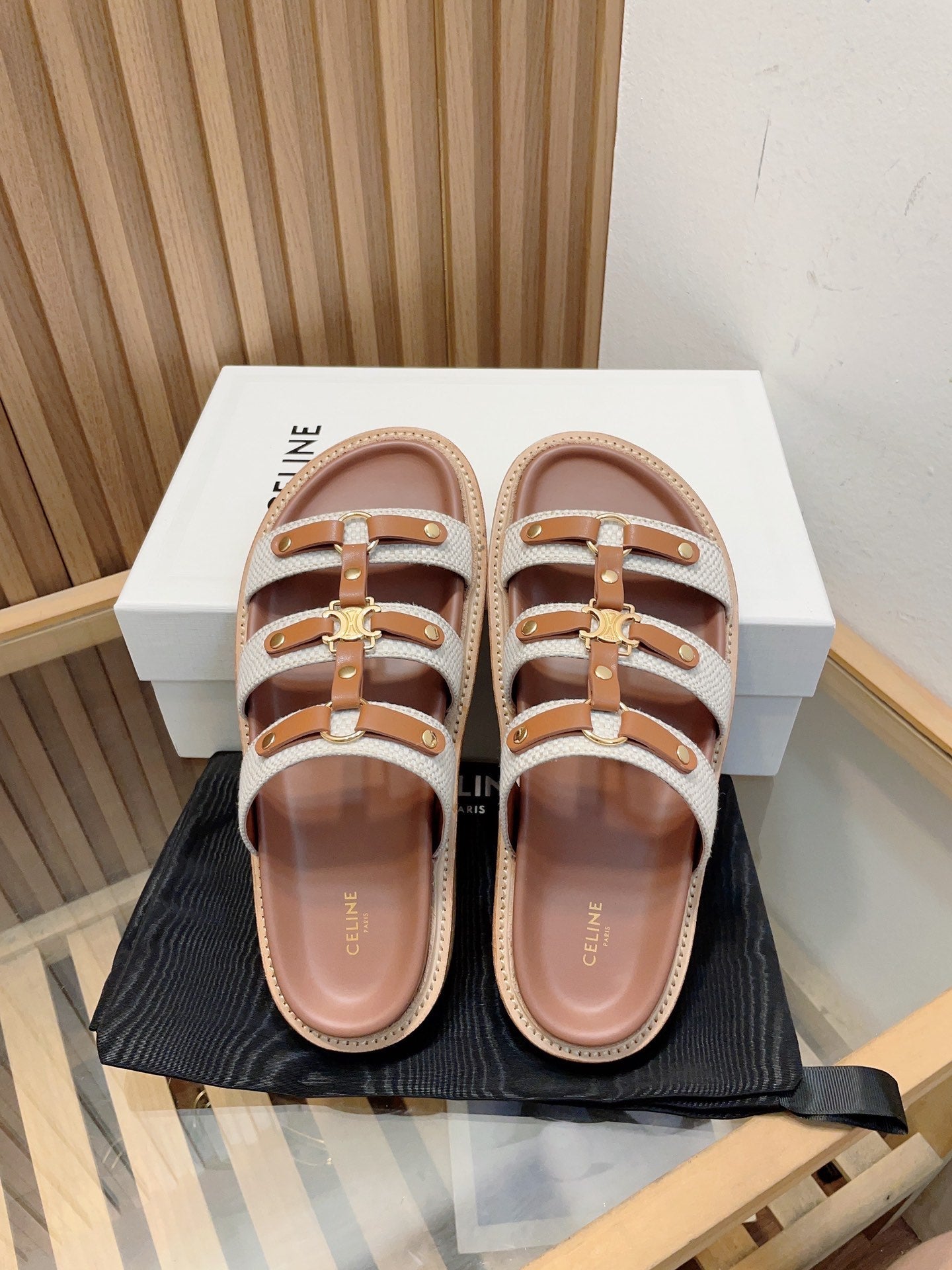 Celine tippi slide sandal white brown canvas calfskin