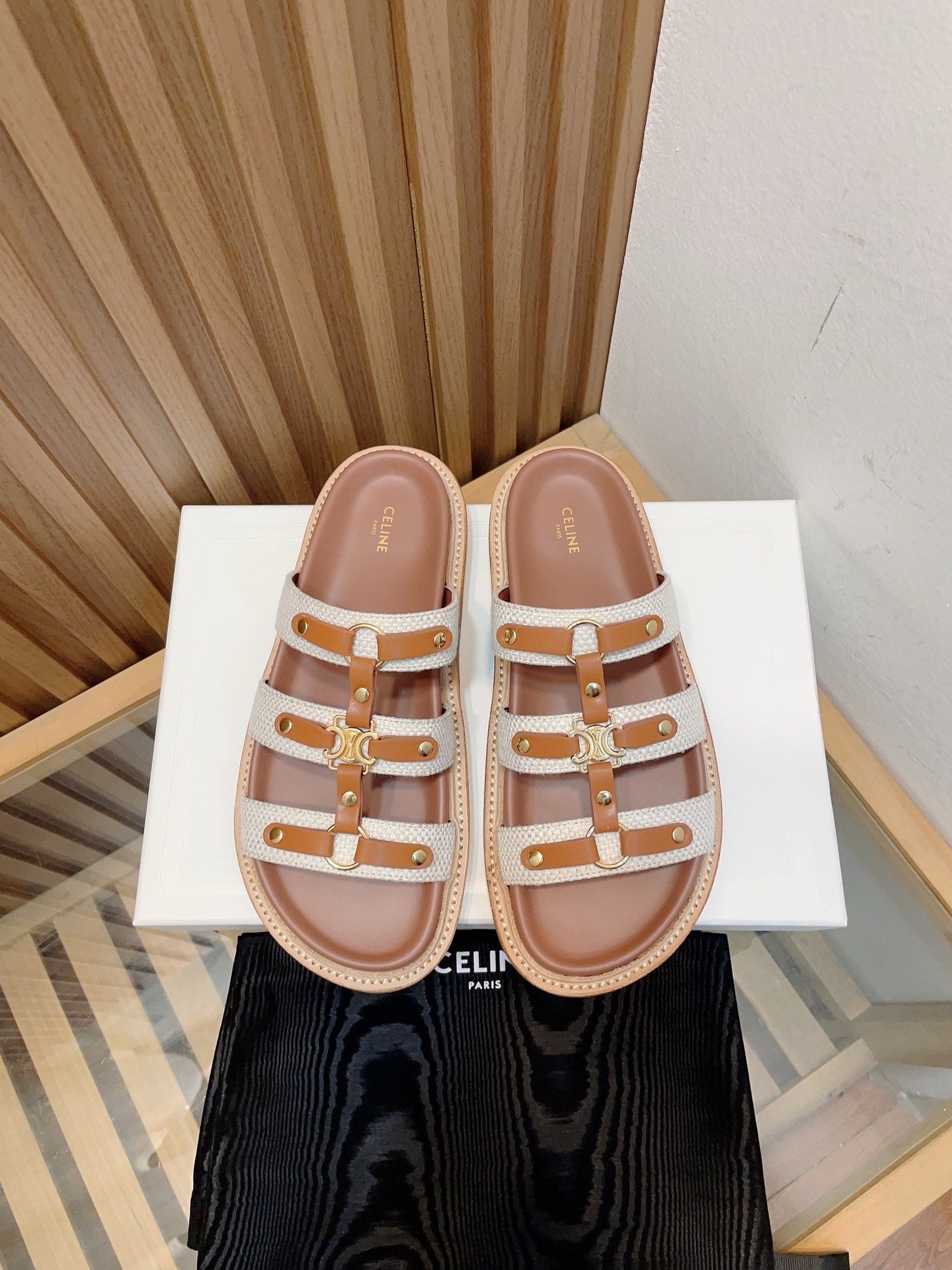 Celine tippi slide sandal white brown canvas calfskin