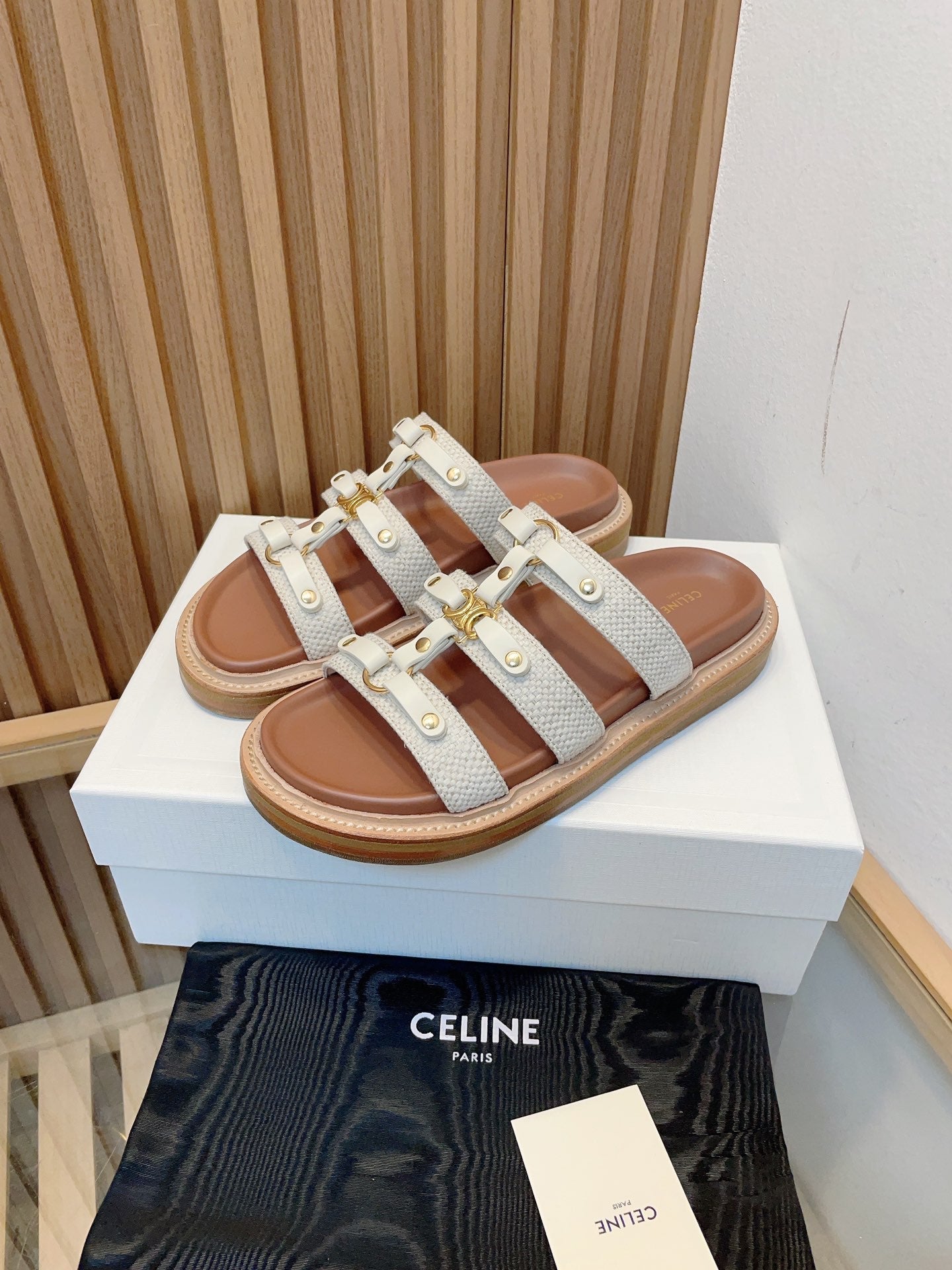 Celine slides tippi white canvas calfskin