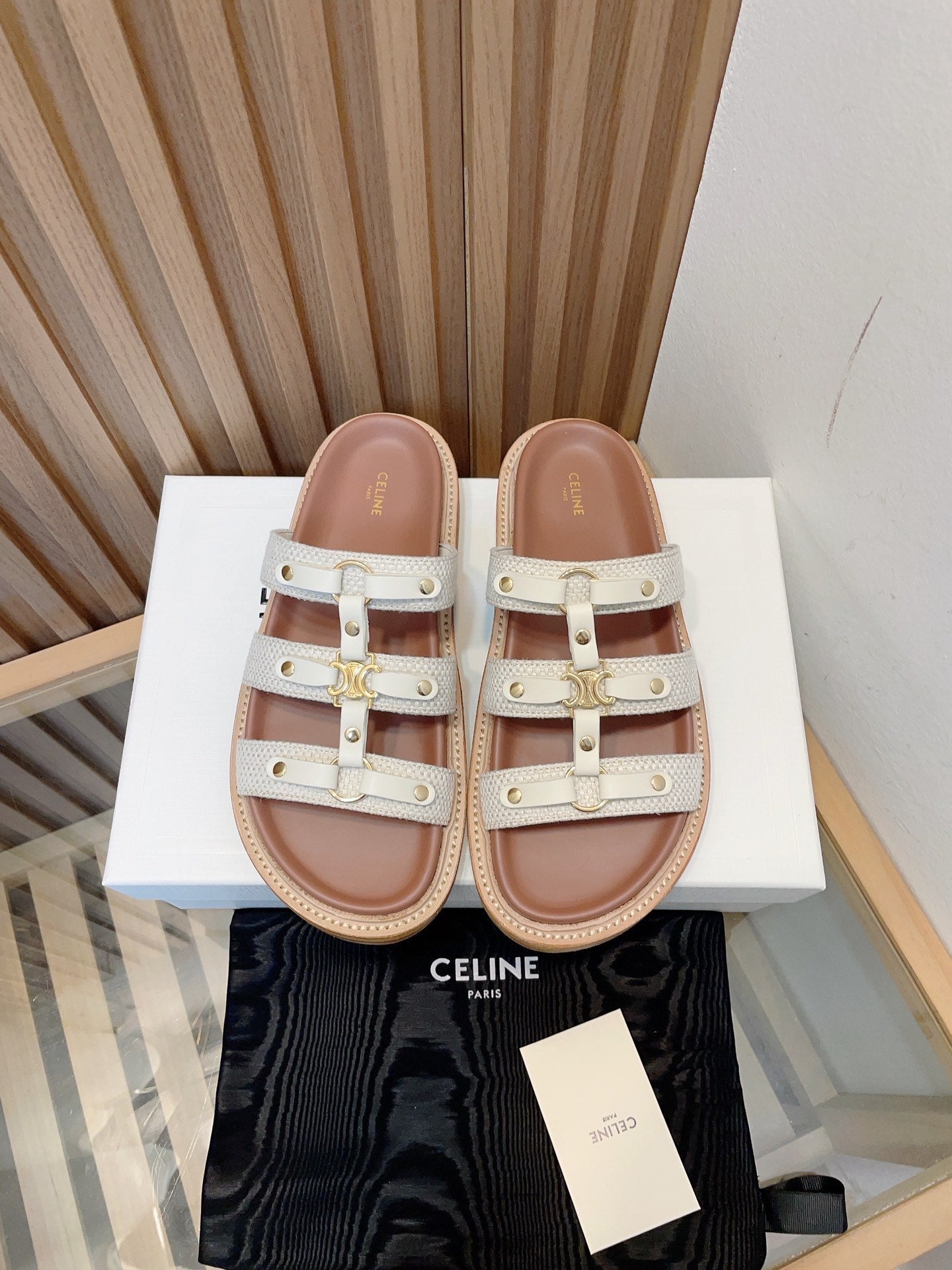 Celine slides tippi white canvas calfskin