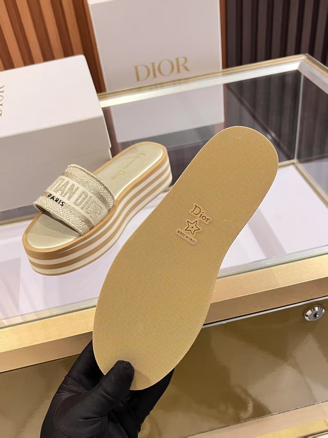 DIOR Dway Platform Slide Beige Brown Fabric with Lambskin 242442