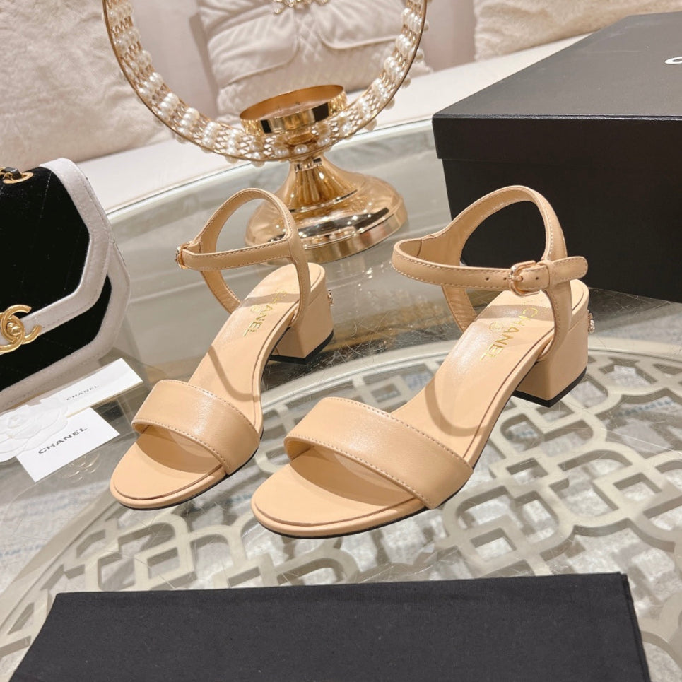 CHANEL 25C 5CM Mid Heed Sandals Cream Italian Leather 213317
