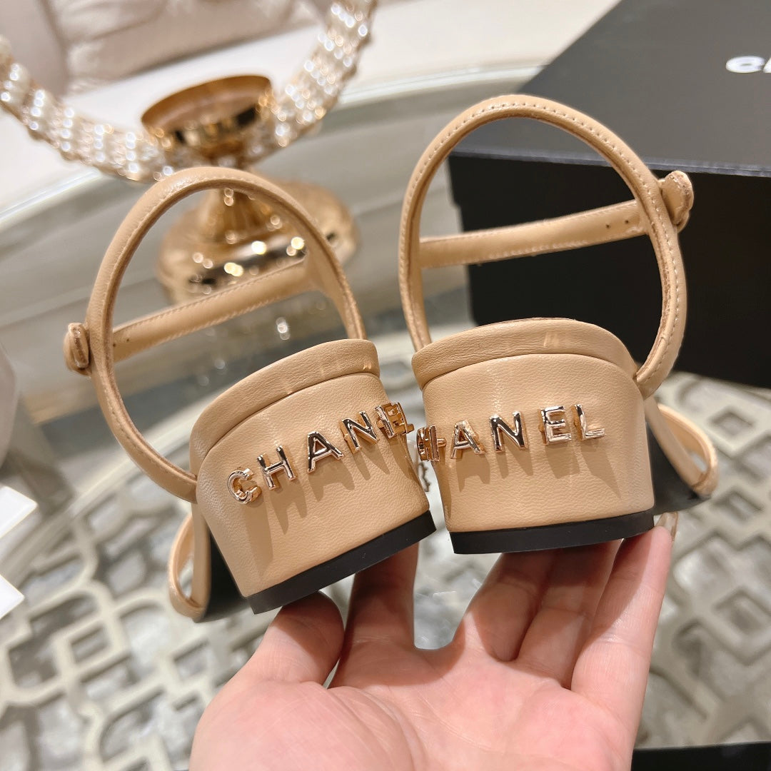 CHANEL 25C 5CM Mid Heed Sandals Cream Italian Leather 213317