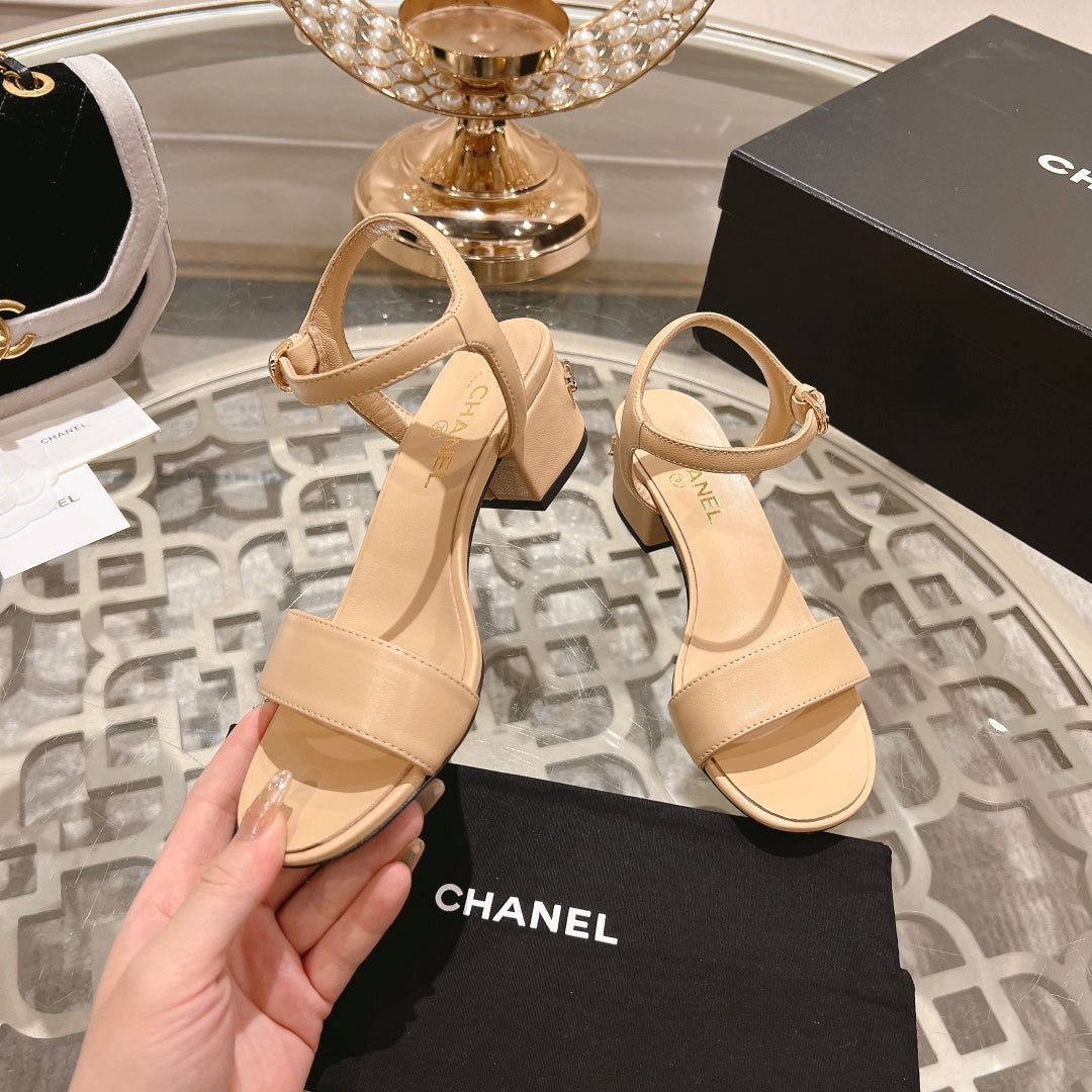CHANEL 25C 5CM Mid Heed Sandals Cream Italian Leather 213317