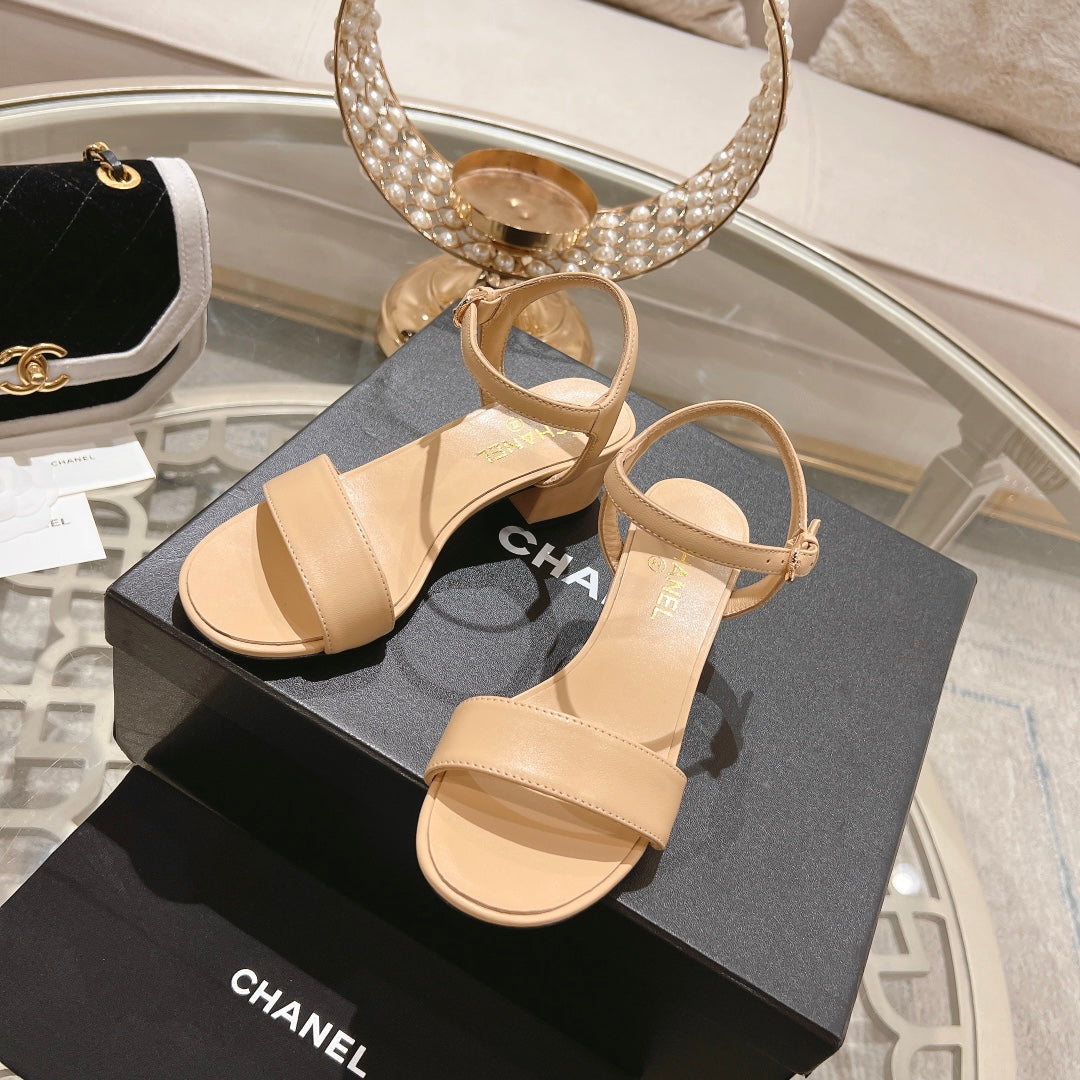 CHANEL 25C 5CM Mid Heed Sandals Cream Italian Leather 213317