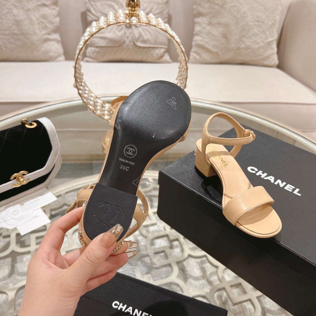 CHANEL 25C 5CM Mid Heed Sandals Cream Italian Leather 213317